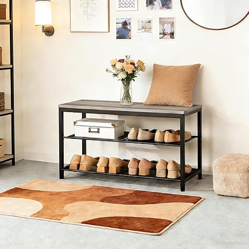 Miniatura 7 de HOOBRO Banco para zapatos, zapatero de 3 niveles, organizador industrial de zapatos, banco de almacenamiento para zapatos, banco de entrada de 29.5