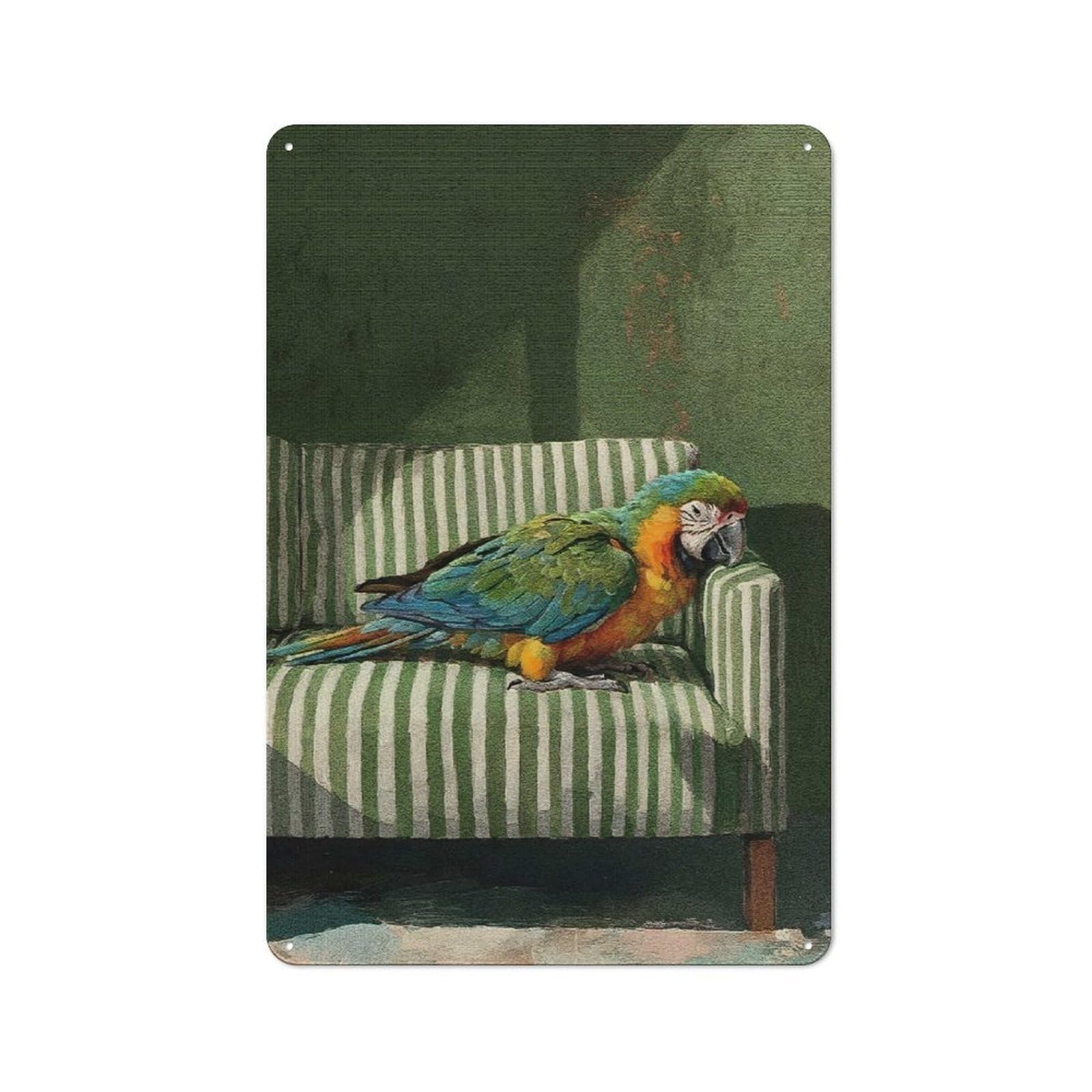Junmoney Style-11 Old Style Parrot On Striped Couch Metal Sign 30X20cm, Bar Wall Plaque For Diner, Restaurant, Shed Or Kitchen