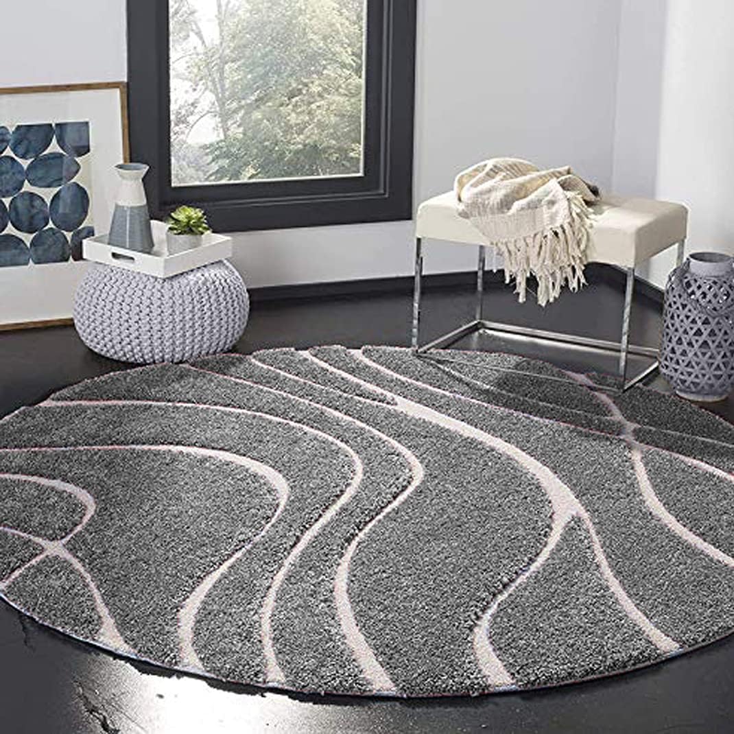 Gray Geometric Round Shaggy Rug - Fluffy Carpet for Living Room,Bathroom Door mats Anti Slip Circle Area Carpet, Hallway, Kitchen, Circle Area Carpet (4 Ft Round)-image-5