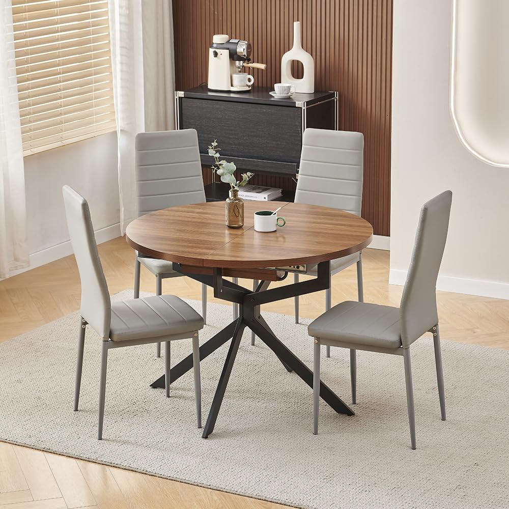 Rainbow Tree 100-140cm Extendable Round Dining Table and Chairs Set 4 People, Space Saving Dining Table with 4 Grey Leather Chairs for Dining Room — image 1