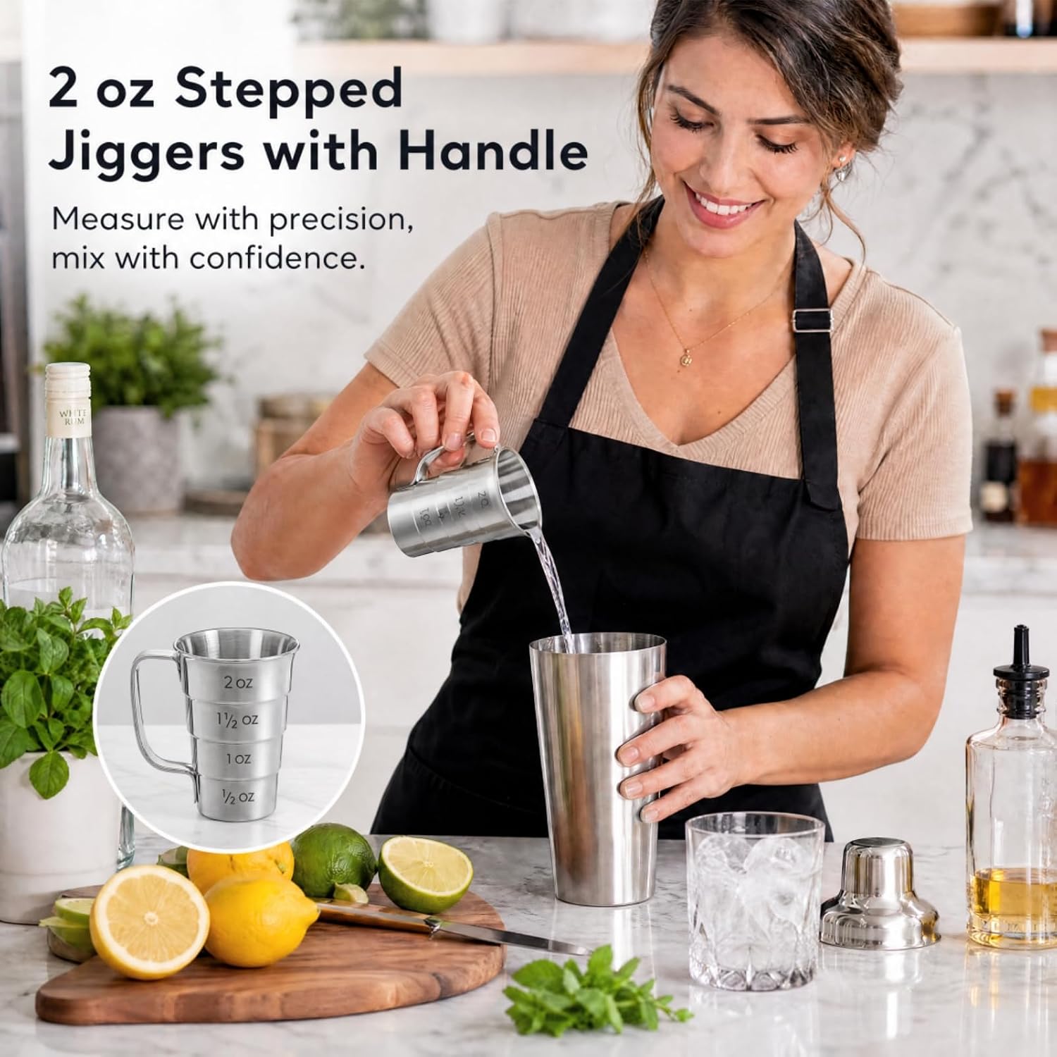 4 Pieces Stepped Jiggers with Handle, 2 oz Cocktail Jigger for Bartending, 304 Stainless Steel Liquor Measuring Cups, Shot Measure Cup for Bar Supplies Restaurant, Dishwasher Safe, Silver