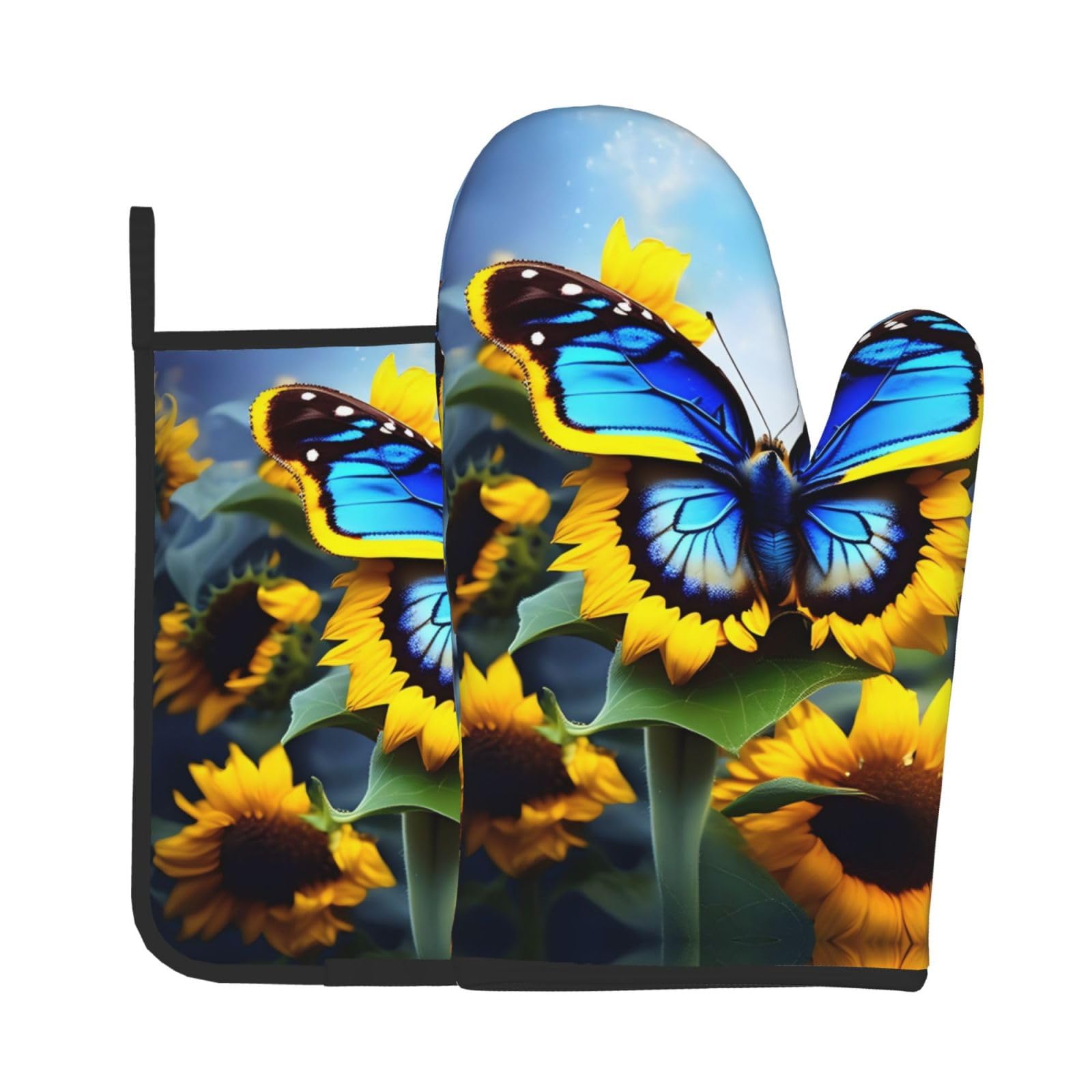 Oven Mitts and Potholders Set of 2 for Kitchen Baking Cooking GraySunflower Blue Butterfly Thick and Durable