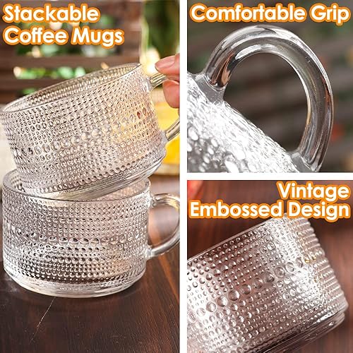 Miniatura 5 de Juego de 4 tazas de café de vidrio vintage, tazas de café de vidrio en relieve de 14 onzas, tazas de café apilables para cereales, yogur, latte,