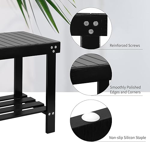 Miniatura 4 de VaeFae Banco de bambú para spa, taburete de madera para asiento de pie, taburete de afeitado con pies antideslizantes, estante de almacenamiento