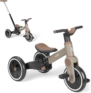 KikkaBoo Flash Dreirad Ab 18 Monaten, 5-in-1 Laufrad Und Dreirad, Umwandelbar Zum Laufrad Oder Fahrrad Ohne Pedale, Mit Verstellbarer Schiebestange, Eva-Räder, Stabiler Stahlrahmen, Beige