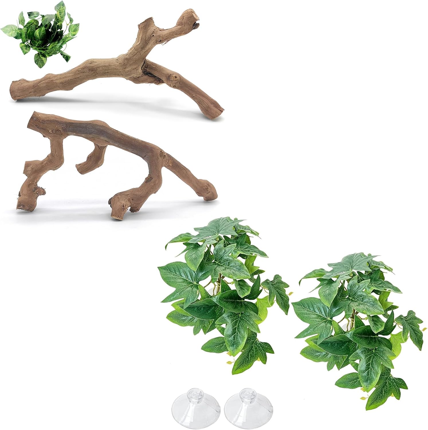 VCEPJH Snake Climbing Branch, 2Pcs Reptile Wood Natural Cork Log and Plants with Suction Cup Amphibian Habitat Decor 2 Pcs Artificial Leaves for Bearded Dragon, Lizard, Snake