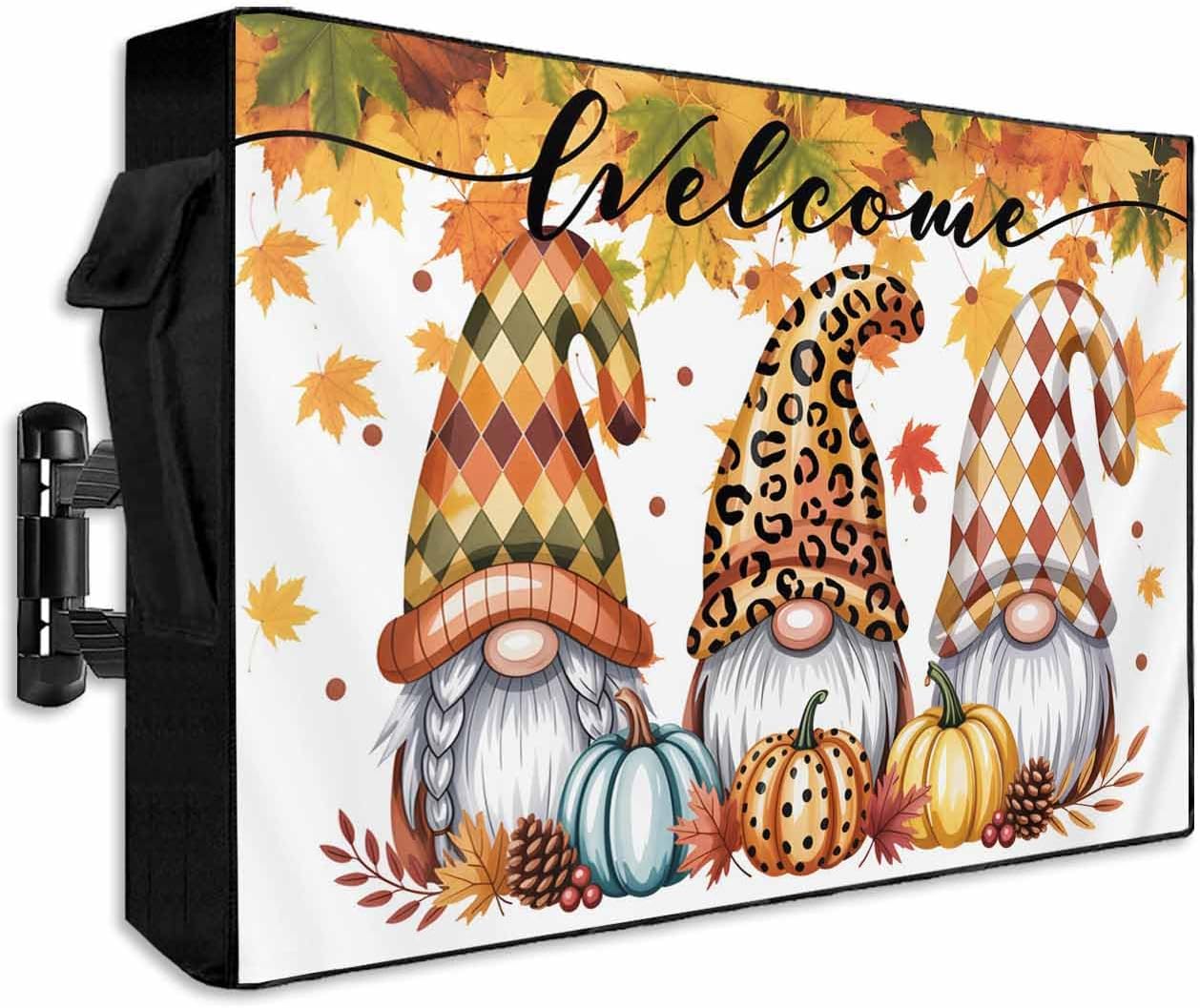 Fall Welcome Outdoor TV Cover 48 to 50 inch Gnome Maple Leaf Autumn Hat Thanksgiving Waterproof Weatherproof TV Covers for Outside with Zipper Remote Control Pocket Outdoor Flat Screen Protector