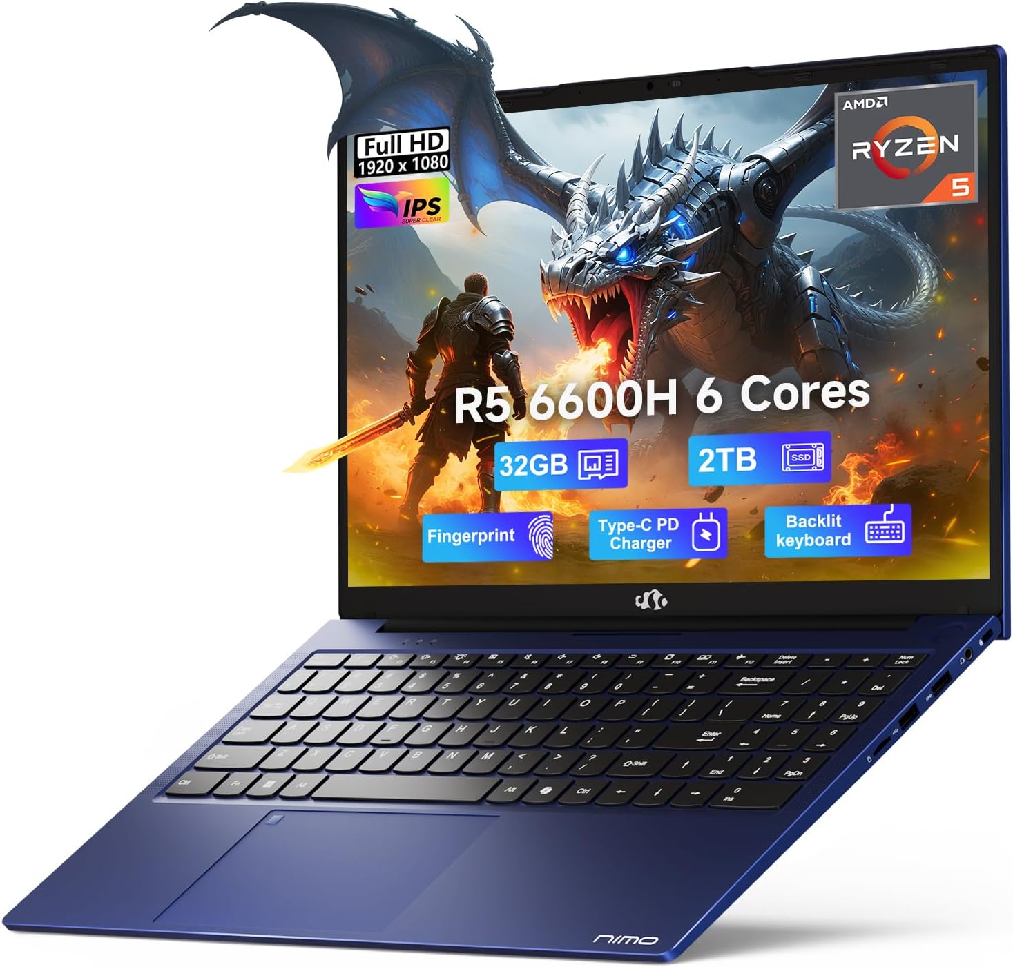 NIMO 15.6 FHD-Business-Gaming-Laptop, 6-Cores 660M GPU, AMD Ryzen 5 6600H 32GB DDR5 2TB SSD (Beat i7-1165G7, Up to 4.5GHz) IPS Laptop Computer with 100W Type C Fingerprint Backlit Keyboard