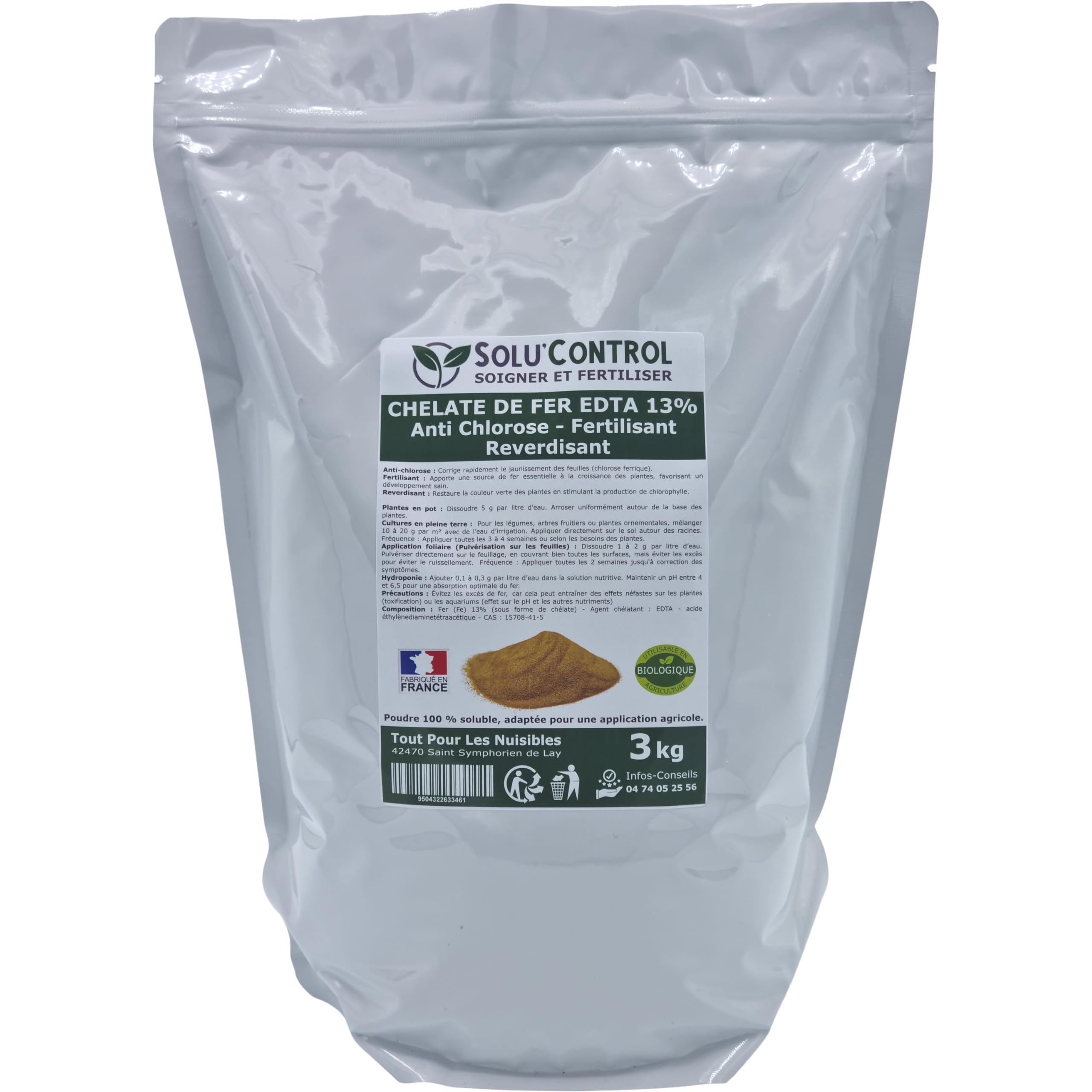 Solu'Control Chélate de Fer EDTA 13%, Anti-chlorose, Fertilisant, Reverdissant, 3 kg