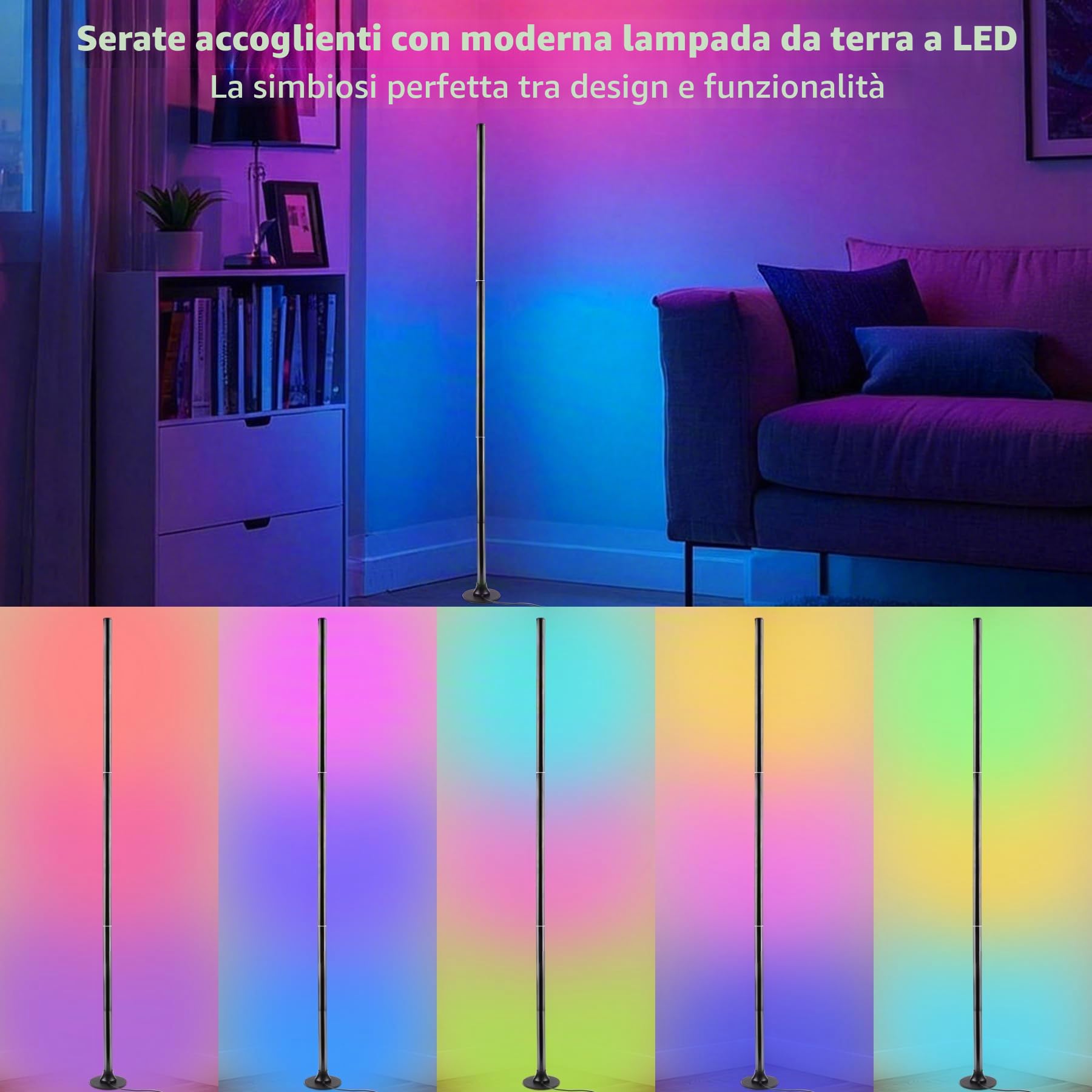 Lampada da Terra LED RGB, 2 Pezzi, 120 cm, 16 Milioni di Colori, Controllo tramite App e Telecomando, Sincronizzazione Musicale, per Soggiorno e Camera da Letto