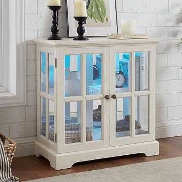 Color-Changing LED Curio Display Cabinet Antique Glass Door Showcase with Adjustable Shelves Storage Cabinet Lighted with Lattice Doors Bookcase for Organization Collectibles