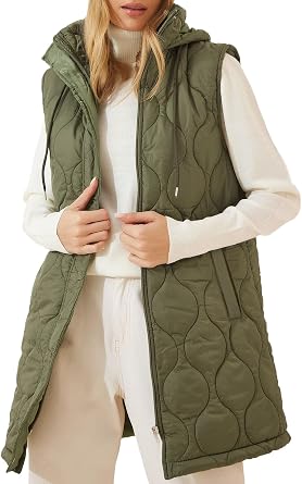 EVALESS Womens Long Puffer Vest Hooded Quilted Jacket