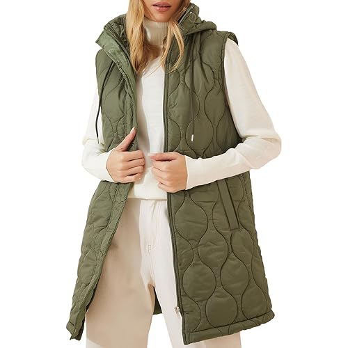 EVALESS Long Puffer Vest Women Sleeveless Hooded Puffer Jacket Lightweight Quilted Jackets Winter Warm Zip Up Coat Outerwear