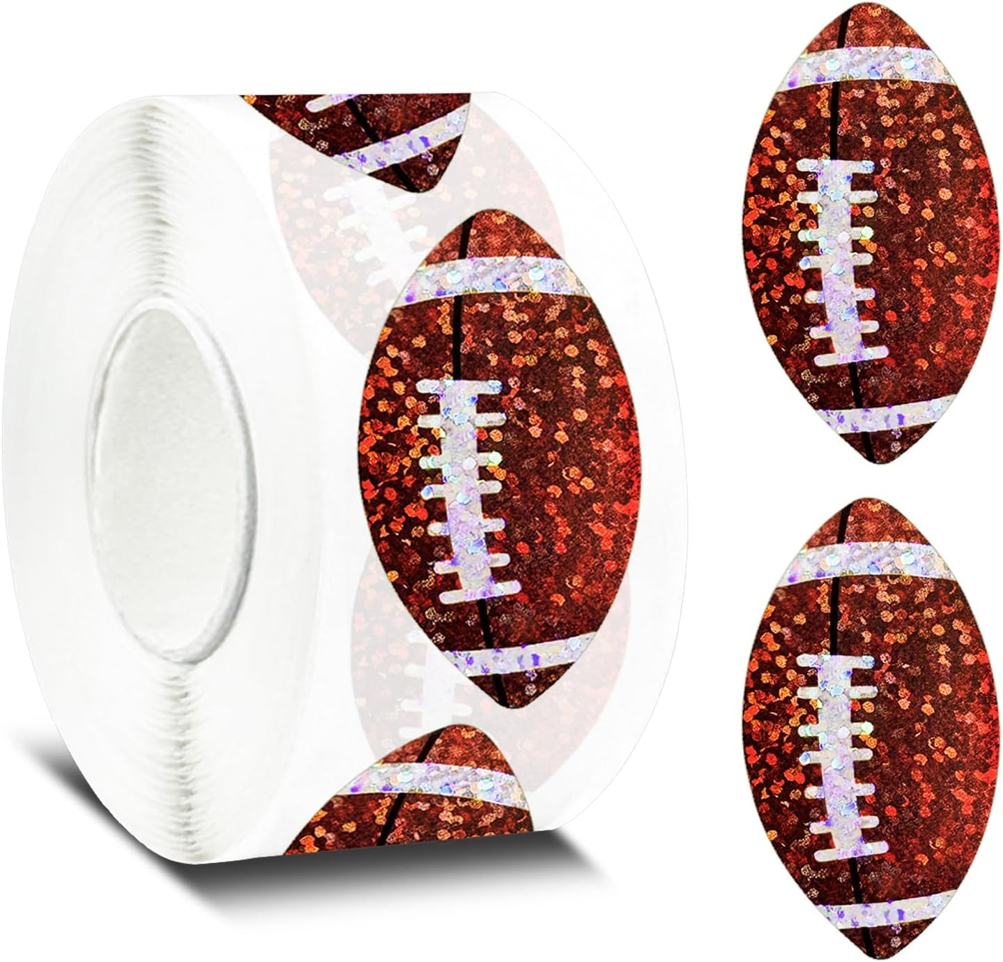500 Pcs Glitter Football Stickers Roll, Holographic Football Decals Self-Adhesive, Sparkly Sports Ball Sticker Labels Waterproof for Envelope Seals Journal Decor Party Supplies Favors Scrapbook