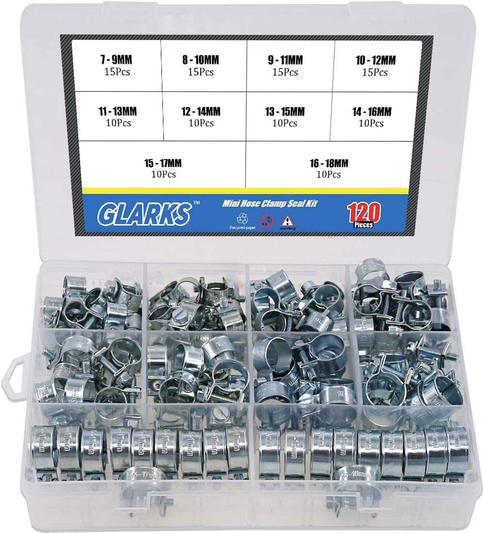 Glarks 120Pcs 10 Size Mini Fuel Injection Style Hose Clamp Assortment Kit For Diesel Petrol Pipe