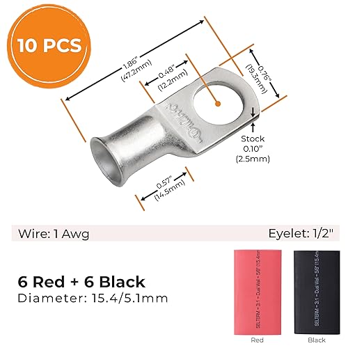 Miniatura 462 de SELTERM - Terminal en anillo de grado marino UL 2/0 AWG 3/8 pulgadas (25 uds) para batería, terminal tubular de cable eléctrico, conector calibre