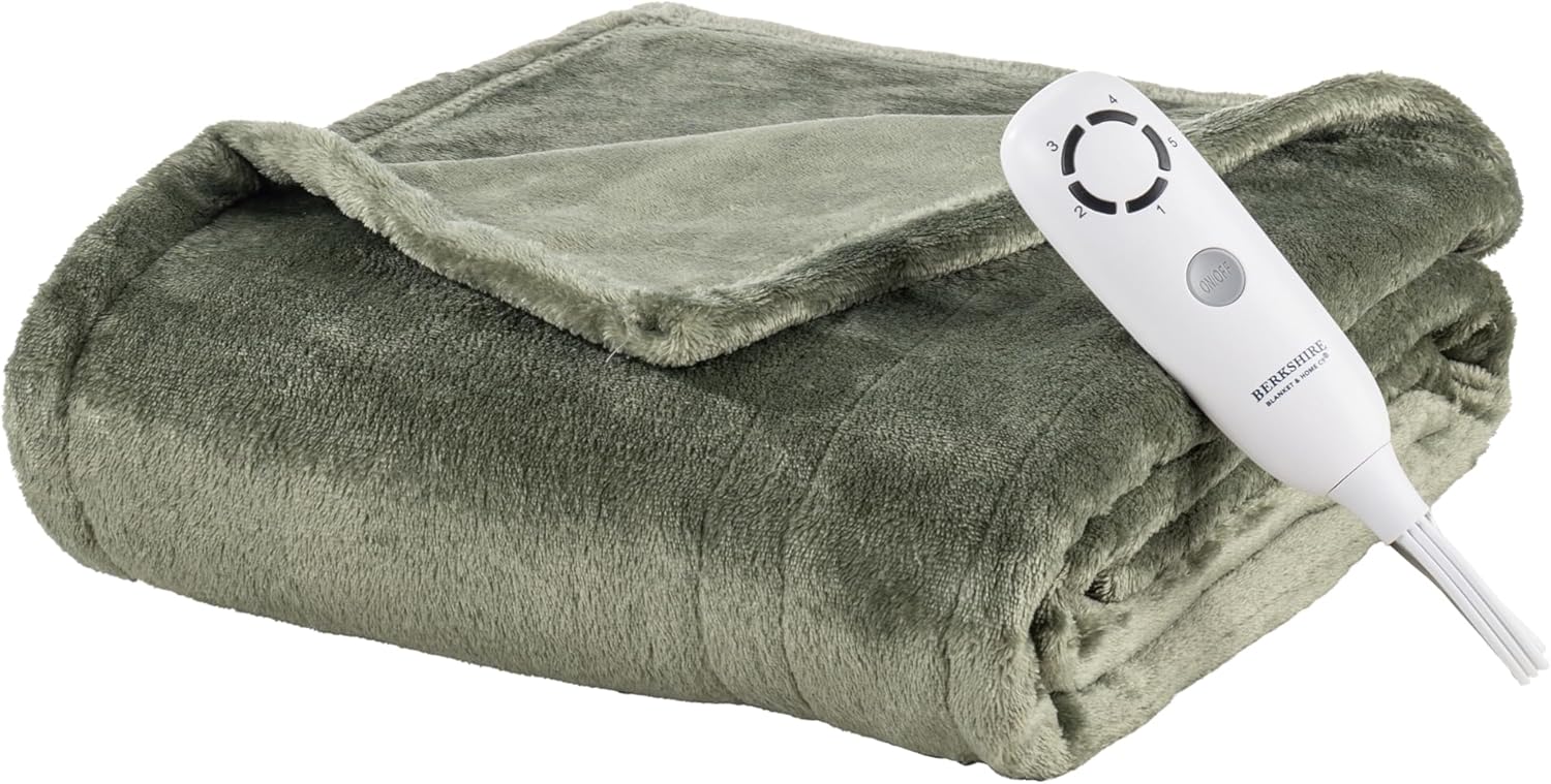 Berkshire Blanket Heated Throw – Reversible Loftmink Velvety Fleece Electric Blanket, 5 Heat Settings & Auto Shut-Off, Ultra-Cozy for Couch, Bed & Office, 50" x 60", Dark Sage