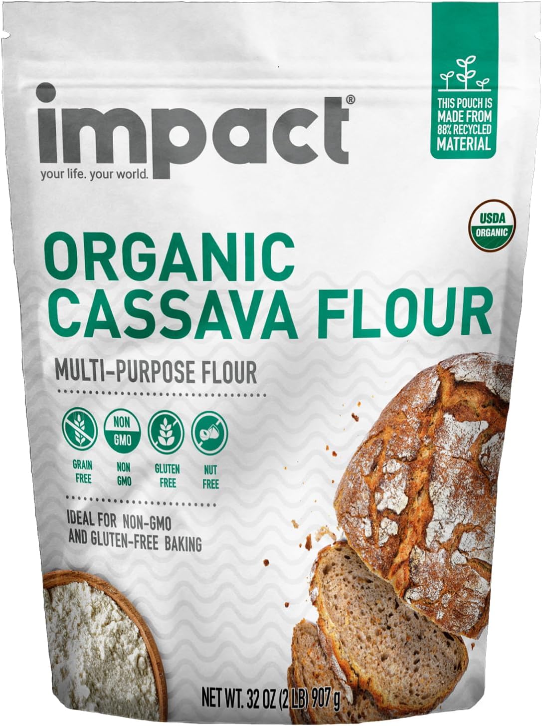 Impact - Organic Cassava Flour - Gluten-Free Baking Essential - Grain-Free Wheat Flour Substitute for Cooking and Baking - High Fiber, Easy to Use - 2lb