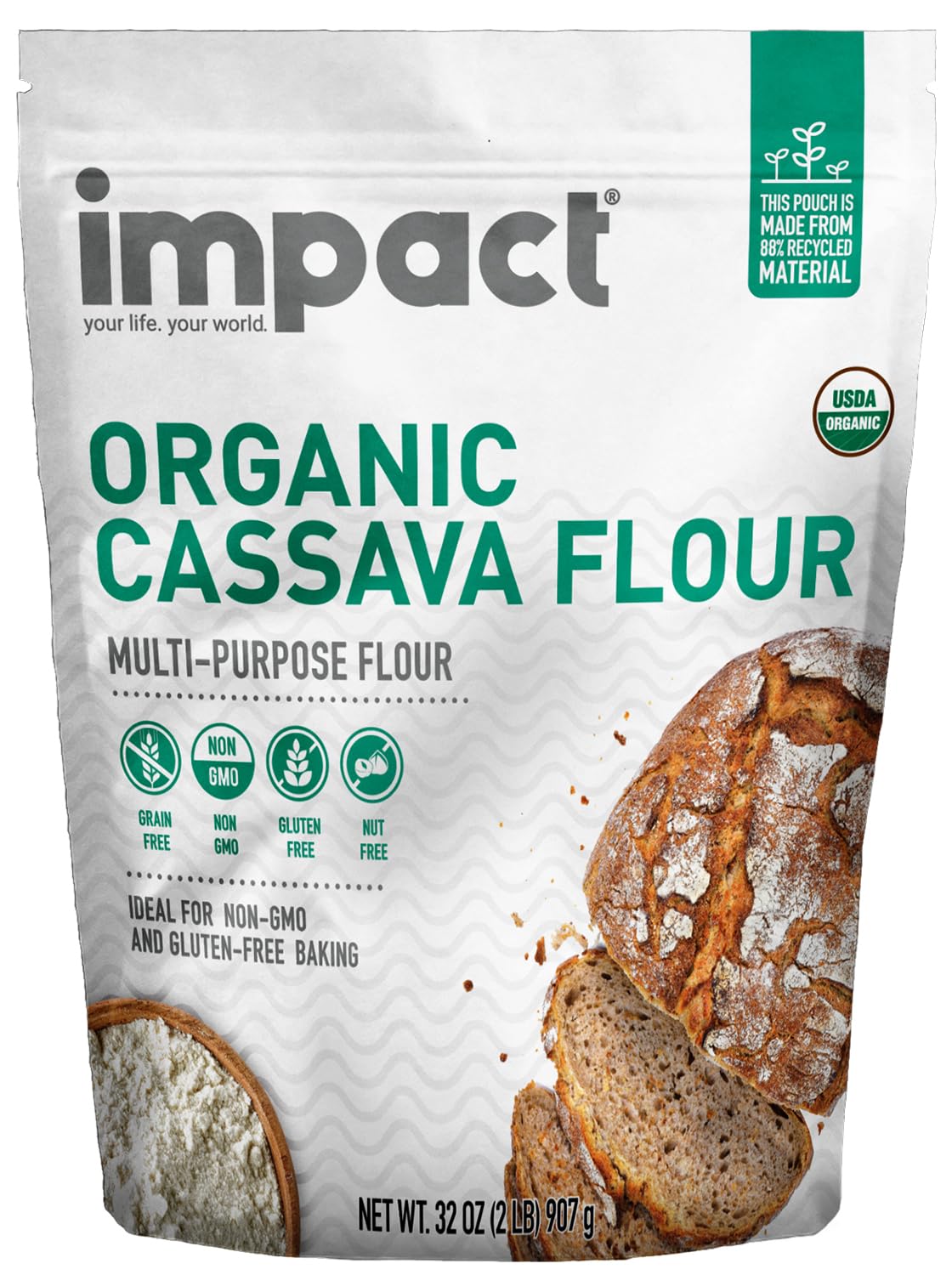 Impact - Organic Cassava Flour - Gluten-Free Baking Essential - Grain-Free Wheat Flour Substitute for Cooking and Baking - High Fiber, Easy to Use - 2lbUSDA Organic