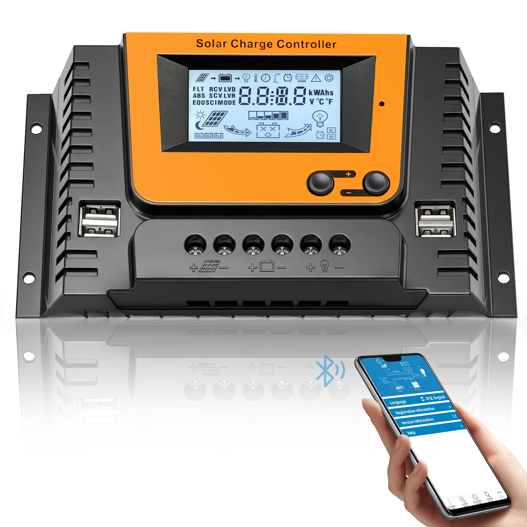 30A Regolatore di Carica Solare 12V 24V 36V 48V Con Bluetooth, PWM 30A Regolatore Carica Solare con sensore temperatura, 4 porte USB, LCD Display, Adatto varie LI SLD FLD GEL AGM Batteria