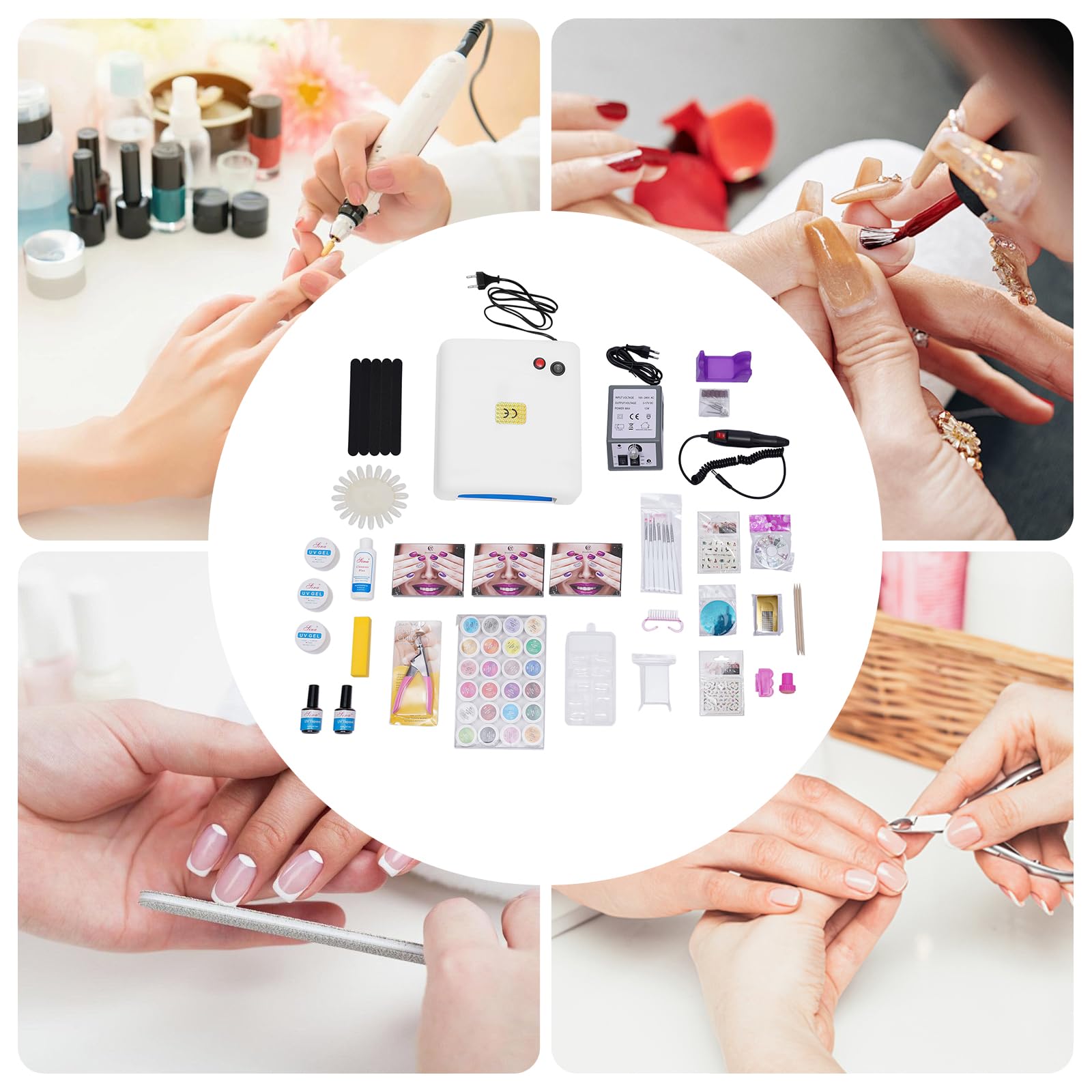 Nagelstudio Set, Gelnägel Starterset mit 24 Farbgele, Bunte Strasssteine Maniküre UV-Lampe und Maniküre Werkzeugen Geeignet für Anfänger & Home-Salon