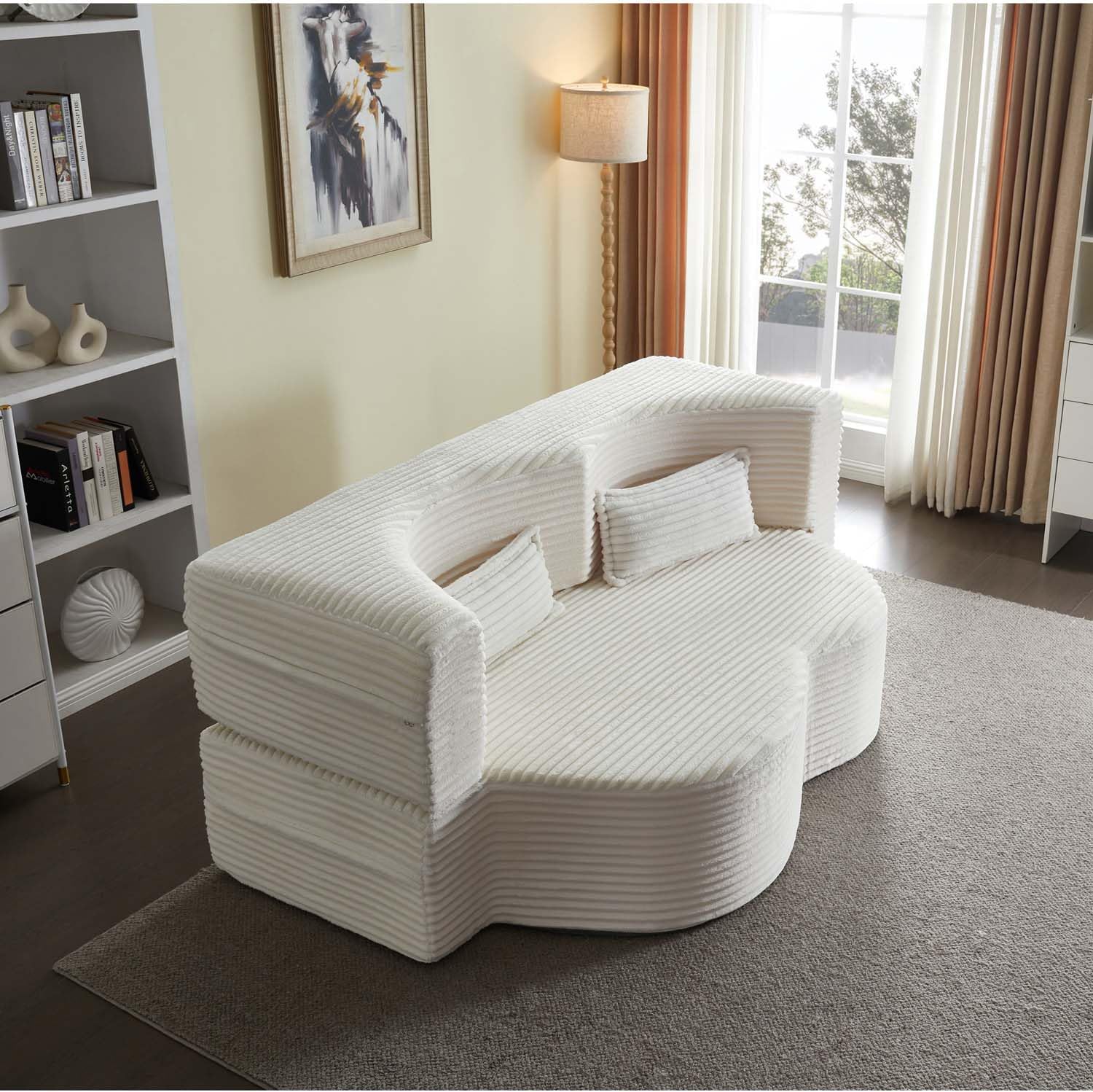 Full Size Convertible Sofa Bed, Floor Boneless Couch with 2 Pillows, Corduroy Fabric Foam-Filled Futon Loveseat Sleeper for Living Room & Bedroom (Beige/White, Corduroy)