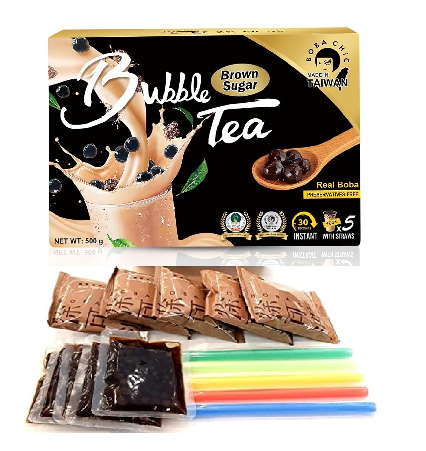 BOBA CHiC Instant Bubble tea kit - Real BOBA Ready in 30 seconds Brown Sugar Flavor - Premium Tea - Make 5 cups of 16oz large- Plant based creamer Vegan Friendly - Non-Dairy - Gluten Free