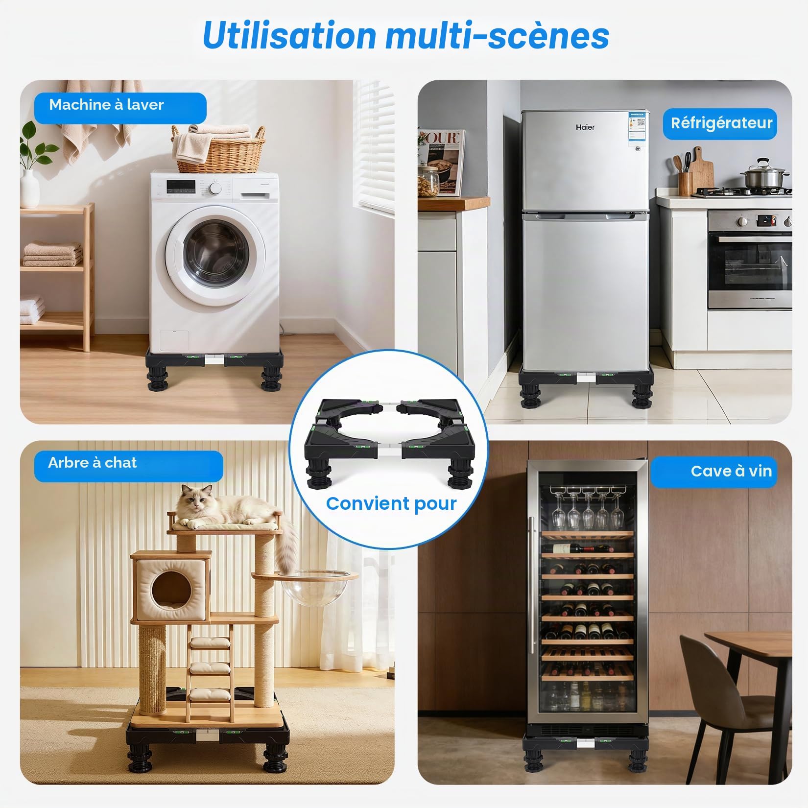 Support Machine à Laver avec 4 pieds rembourrés verrouillables, Réglable Largeur 40-62cm et Hauteur 10-12.5cm, Socle Lave Linge Charge 200KG, Bases de Réfrigérateur et Sèche-Linge, Noir