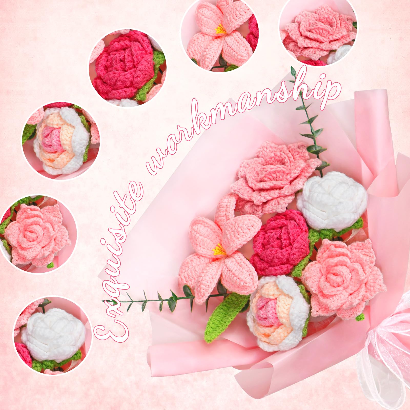 UXORSN Bouquet di fiori all'uncinetto Tessuti a mano Artificiali Rose tulipano Lavorati a Maglia Fiori Composizione Floreale Finta per Festa Della Mamma Anniversario Compleanno Laurea Regalo (Rosa)