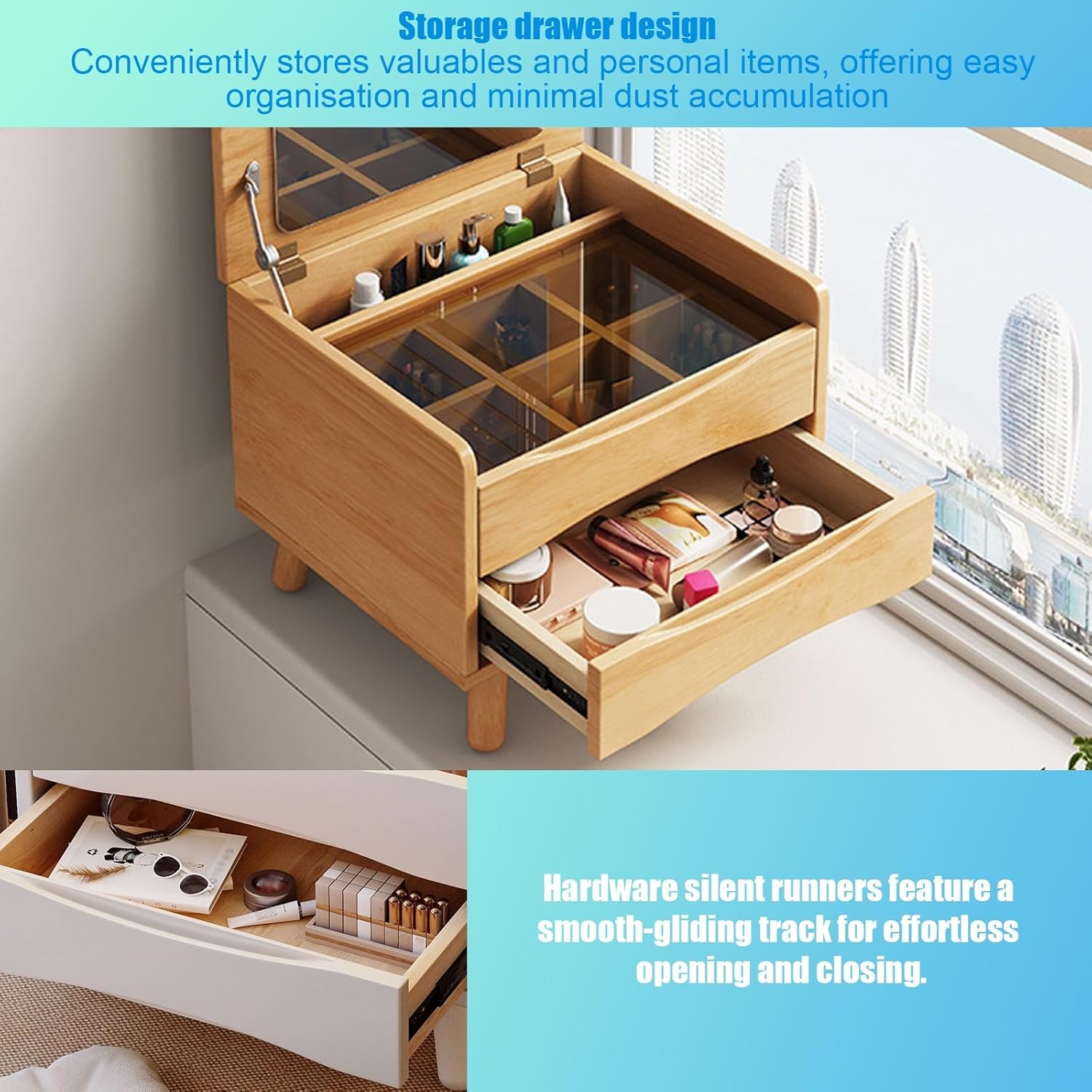 Solid Wood Vanity Desk with Flip Top Mirror and Lights, Dressing Table, Compact Vanity with Glass Top and 2 Drawers, Make Up Vanity with 3 Lighting Modes(Walnut Color,48x40x43cm)