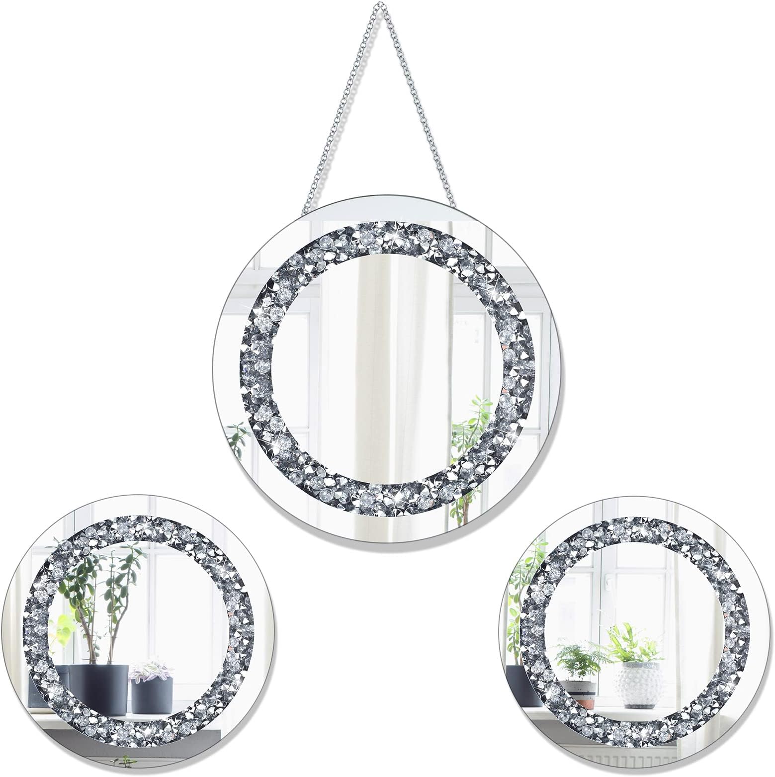 Qunclay 3 Pcs Diamond Crush Round Mirror Wall Decor, 12 and 8 Inches, Silver