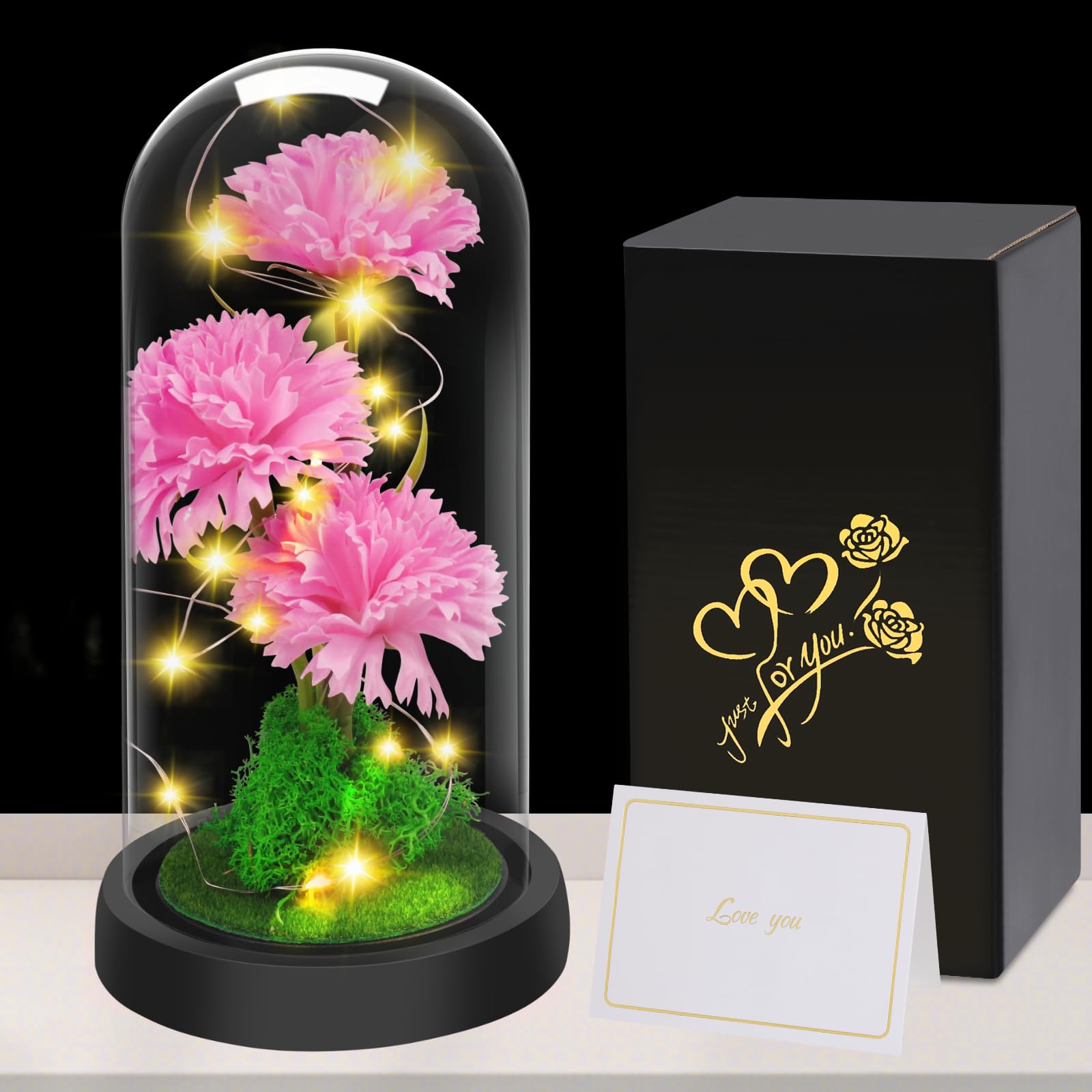 Touloube Regalo di San Valentino Fiori di Garofano per Donna, Fiore di Garofano in Cupola di Vetro, Regalo Anniversario, Compleanno,Guarigione, Fiore Artificiale Regalo per Donne Mamma Moglie