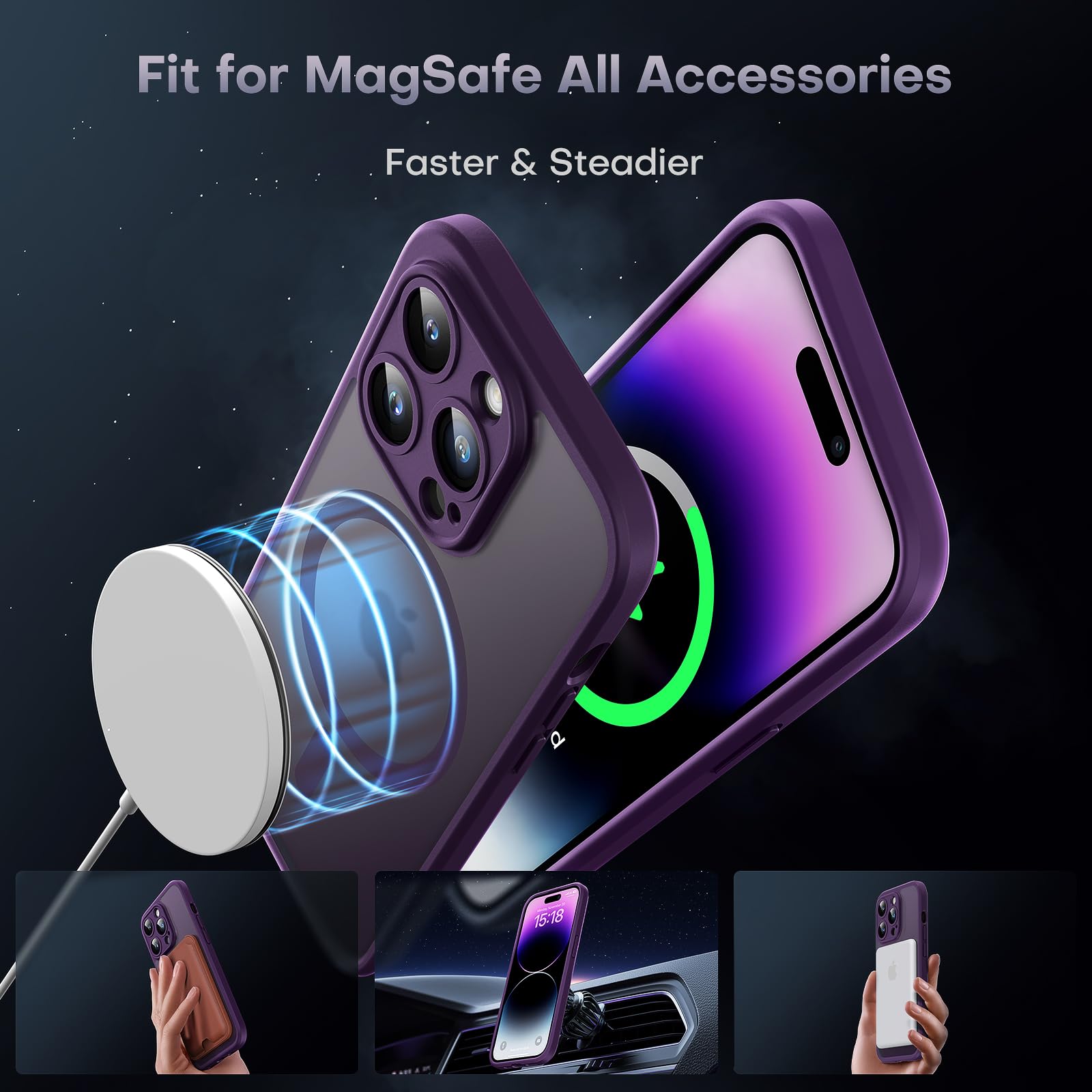 TOCOL 3 in 1 Cover Magnetica per iPhone 14 Pro Max 6,7 Pollic, con 2 Vetro Temperato, Compatibile con MagSafe [Protezione Fotocamera Integrata] Custodia Antiurto Traslucida Opaca, Viola Intenso