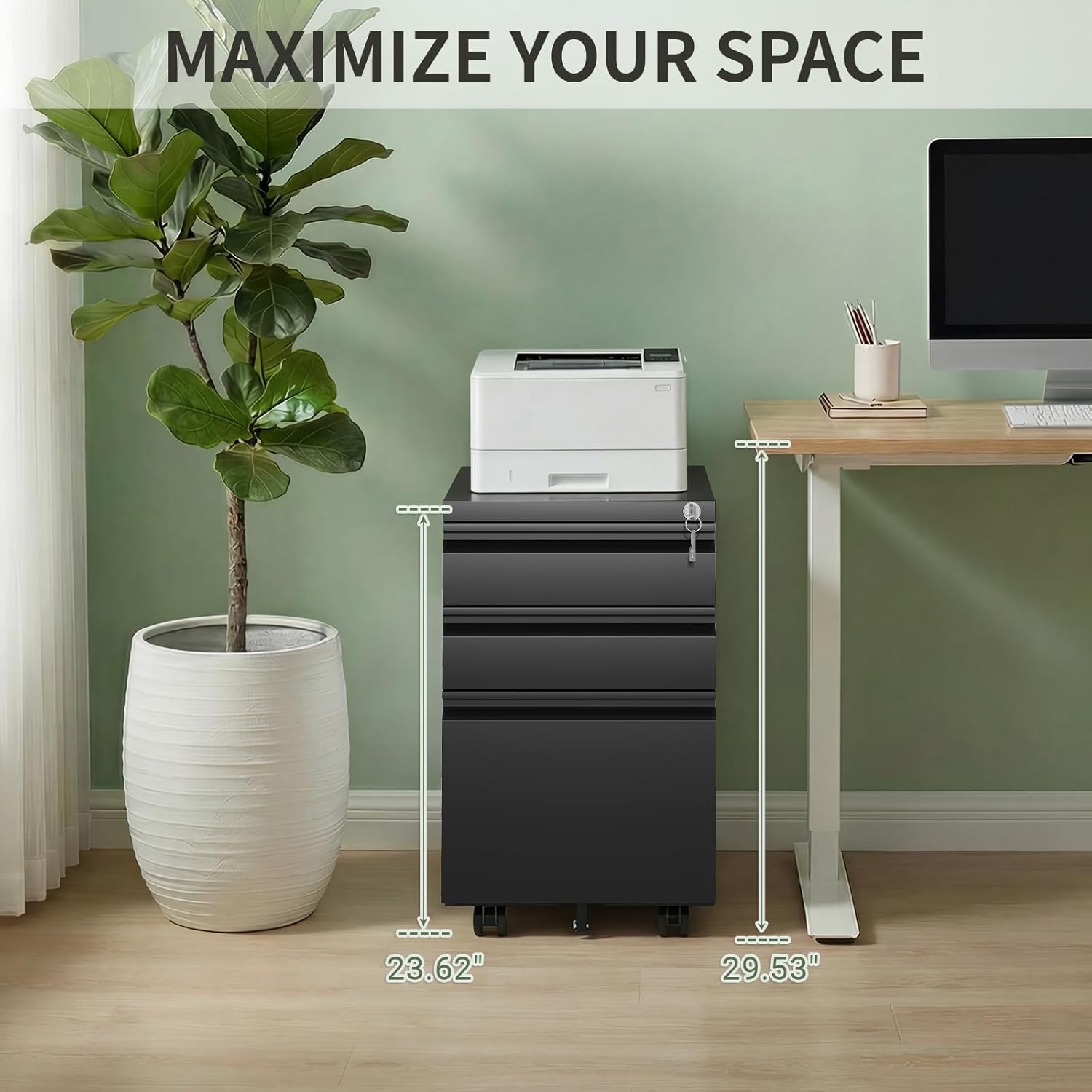 3 Drawer Metal File Cabinet with Lock, Fully Assembled Rolling Filing Cabinet for Home Office, Mobile Under Desk Storage with Wheels, Fits Letter/Legal/A4 Files (Black)
