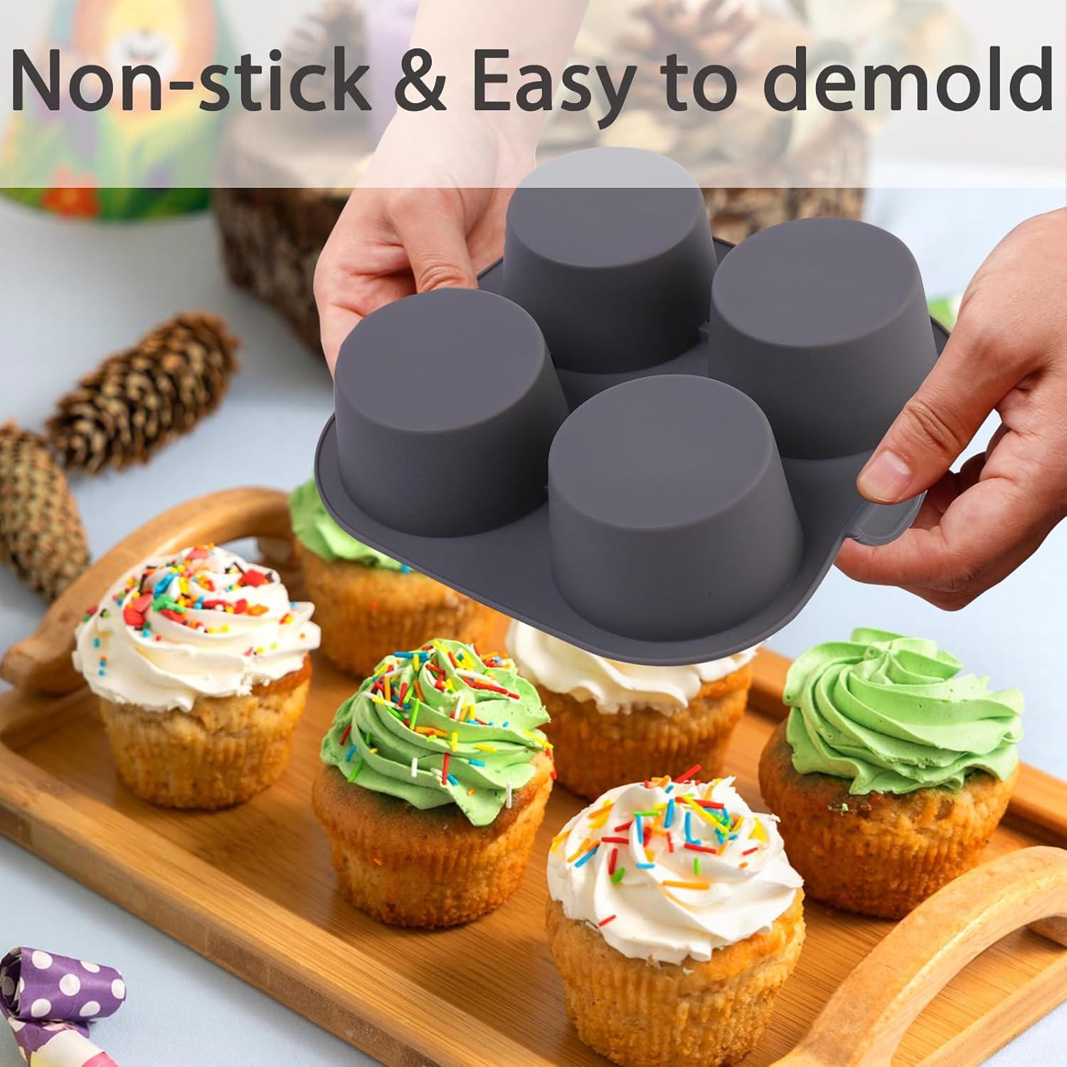 Silicone Muffin Tray for Air Fryer 1Pcs, 4-Cups Nonstick Muffin Pans with Carrying Handle, Silicone Cake Pans for Baking Cupcakes Pudding Dessert Quiches Tart, Grey - Image 3