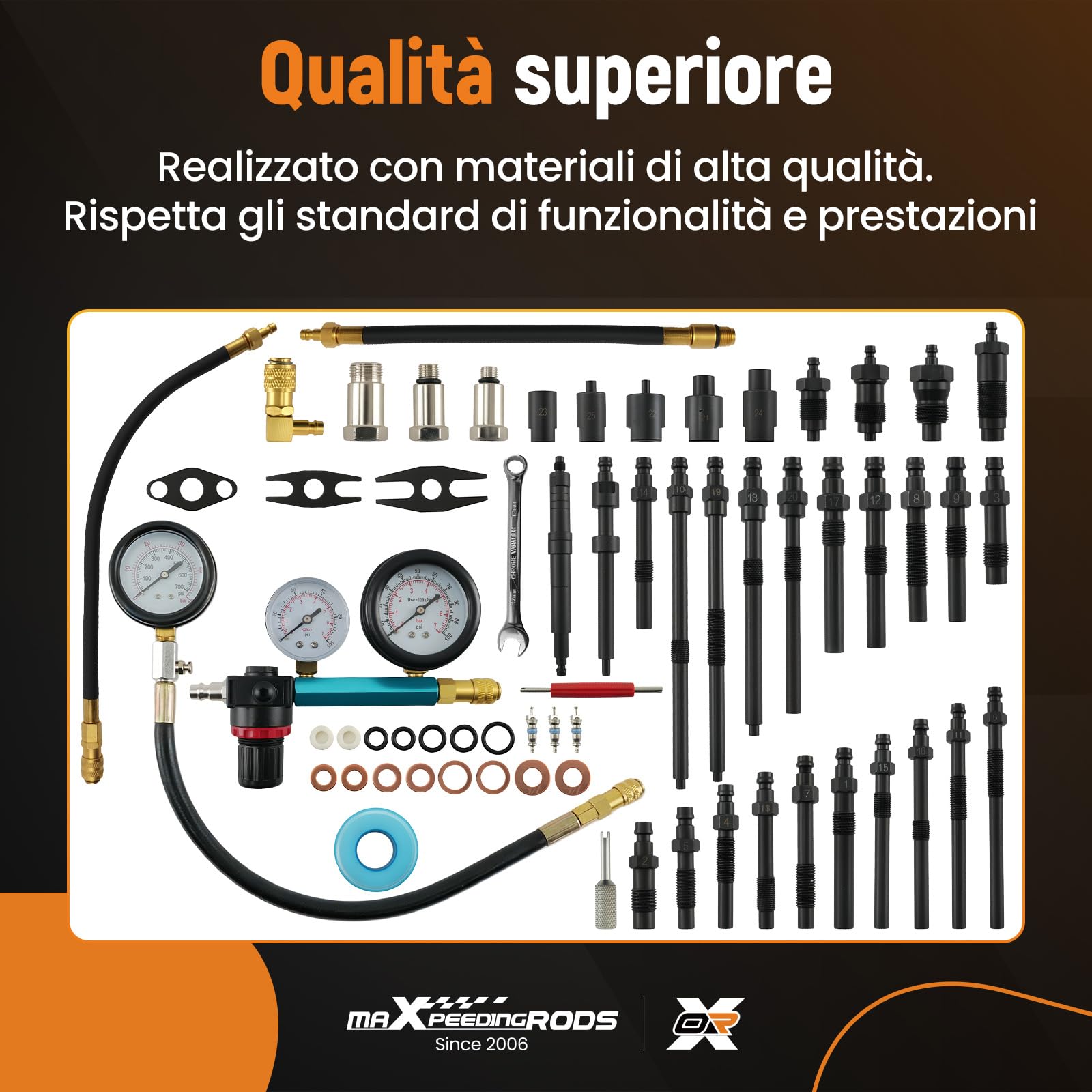 maXpeedingrods Tester di compressione 46 pezzi, 50 bar, M10 M-12 M14 M-18 | tester-di perdita di pressione per diesel, benzina, auto, camion, motori diesel, 50bar