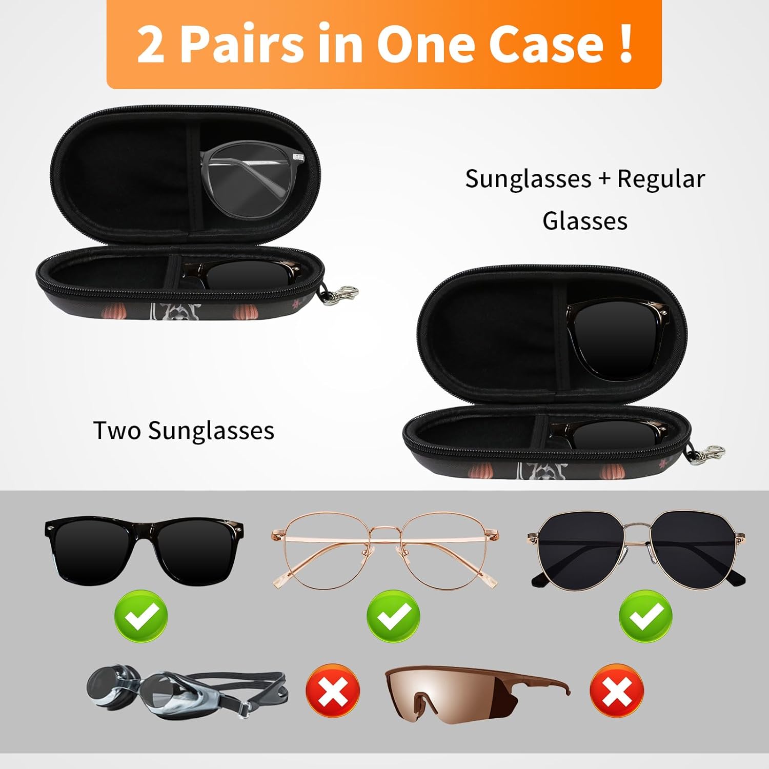 Double Eyeglasses Case, Hard Shell Dual Sunglasses Organizer with Zipper Clip Travel Glasses Storage for Women Men - Image 2