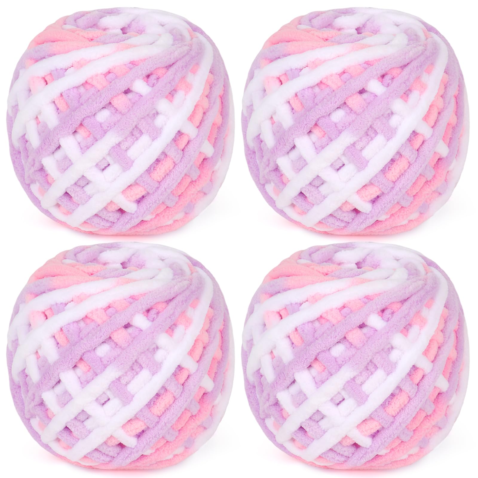 Reessy Chunky Yarn, 400g(4×100g) Chunky Wool for Knitting, Soft Fluffy Velvet Thick Yarn Set, Plush Yarns for Crochet Blankets Sweaters Shoes Hats Scarves and Amigurumi(Pink Purple White)