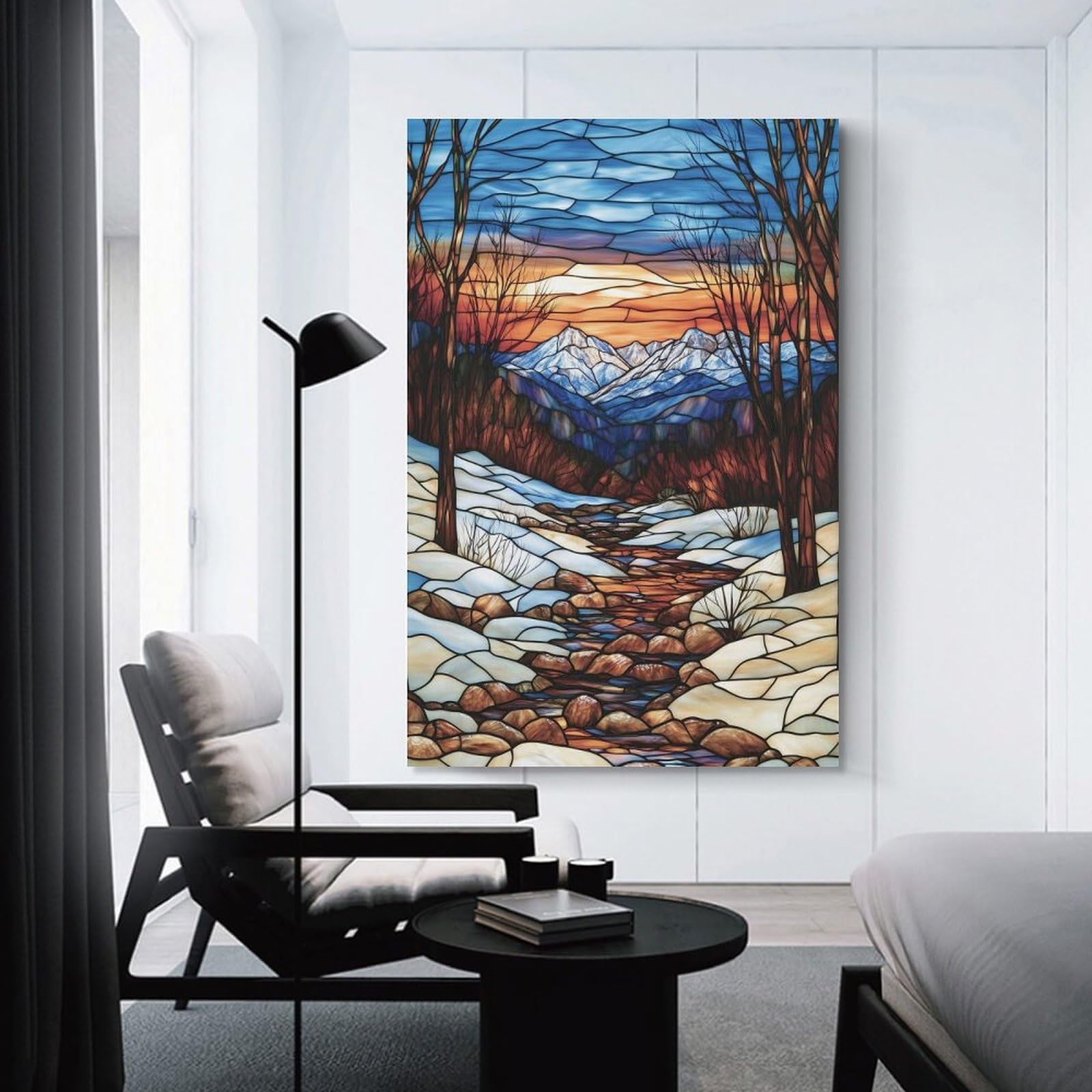 Junmoney Unframe-Style-17-1 Stained Glass Mountain Stream Wall Art Print, 20X30inch(50X75cm), For Living Room, Bedroom, Office Or Hallway, A Flexible Wall Accent For Shared Spaces
