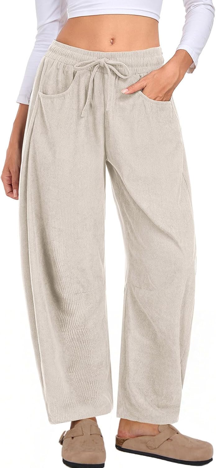 ALSOGO Womens Corduroy Barrel Pants Drawstring Elastic Waist Mid-Rise Wide Leg Baggy Trouser with Pockets