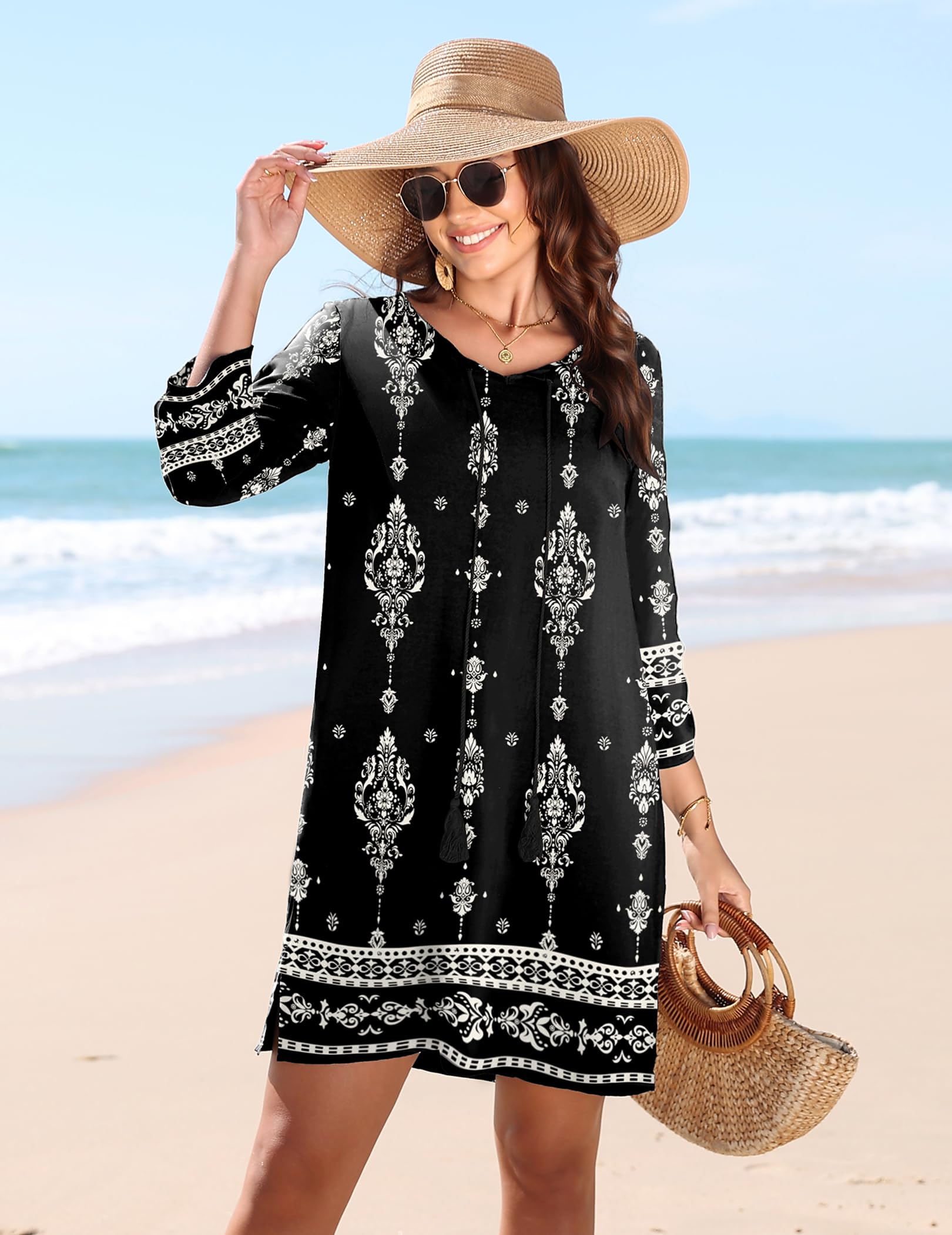 ZEAGOO Vestito Donna Estivo a Maniche a 3/4 Boho Chic Abito da Vacanza Casual Vestiti da Spiaggia S-XXL