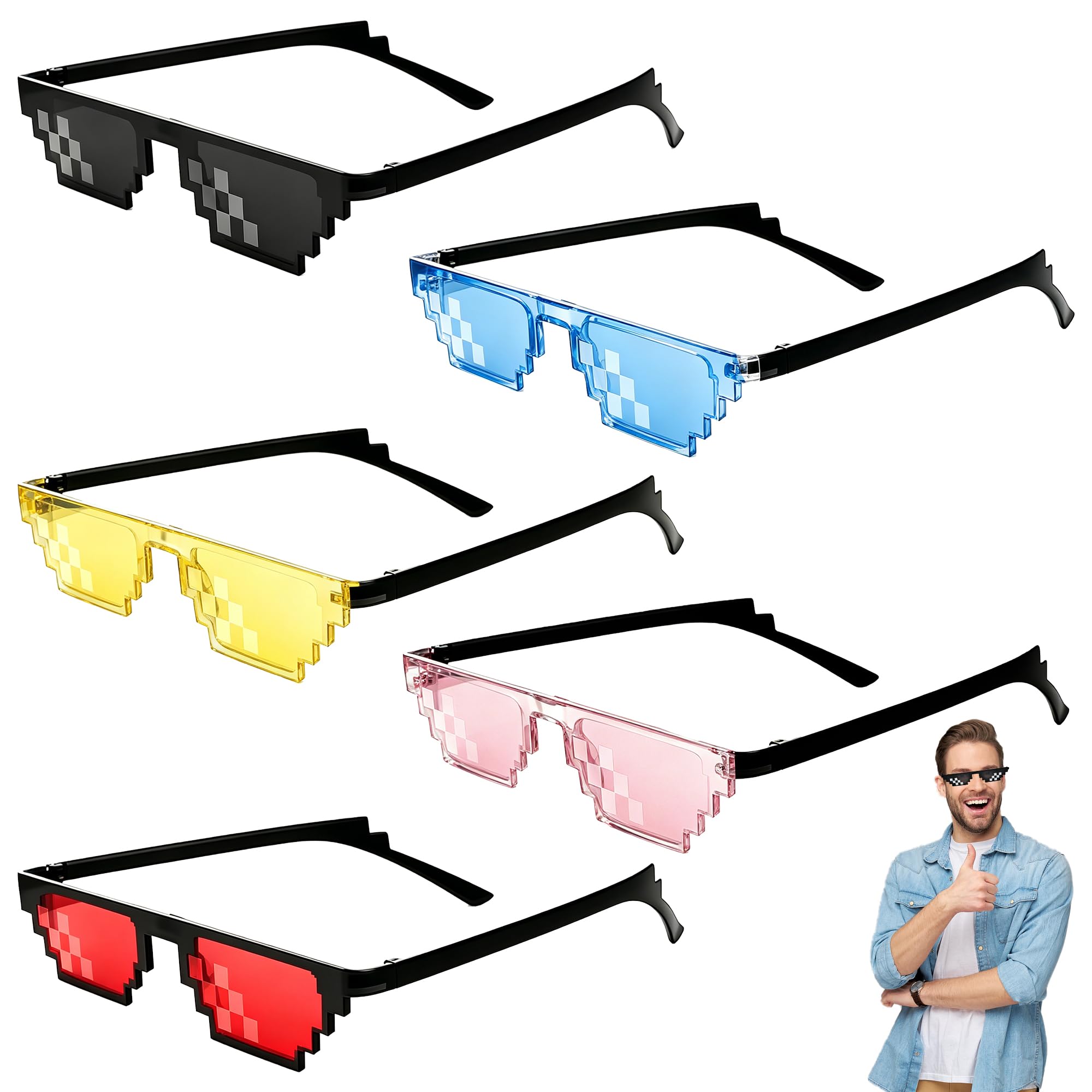 5PCS Pixelated Novelty Glasses for Adults, Cool Glasses for Fancy Dress