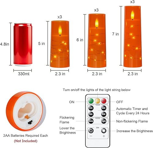 Miniatura 7 de Raycare Velas LED sin llama con cuerda de estrella incrustada, 9 velas acrílicas a pilas con temporizador y control remoto, parpadeantes para un