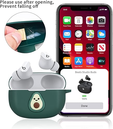 Miniatura 5 de Funda para Beats Studio Buds, linda funda de aguacate Kawaii con llavero diseño de dibujos animados 3D, funda protectora de silicona suave divertida