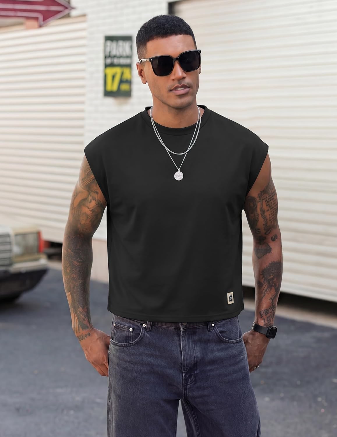 Vssjavun Mens Crop Top Cap Sleeve Oversized Shirt Gym Tank Tops Cropped T Shirts Crewneck Pullover Tee - Image 2