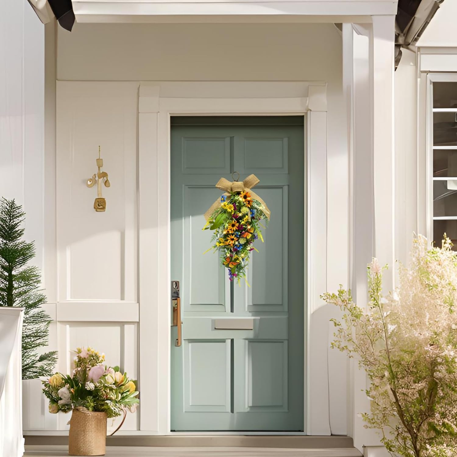 Svndlyn Spring Summer Floral Teardrop Swags Pre-Lit Mixed Flower Teardrop Wreath with Sunflower and Daisy Eucalyptus Leaves Floral Arrangement for Door Wall Mantel Window
