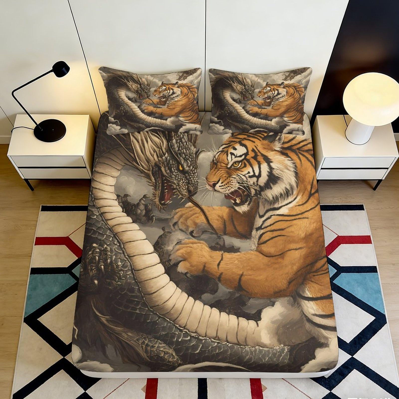 3D Printed Tiger and Dragon Fitted Sheet Microfiber Durable Soft 3D Printed Tiger and Dragon Bed Cover for Bedroom Dormitory Guest Room Mattress Protection 160x200x25cm