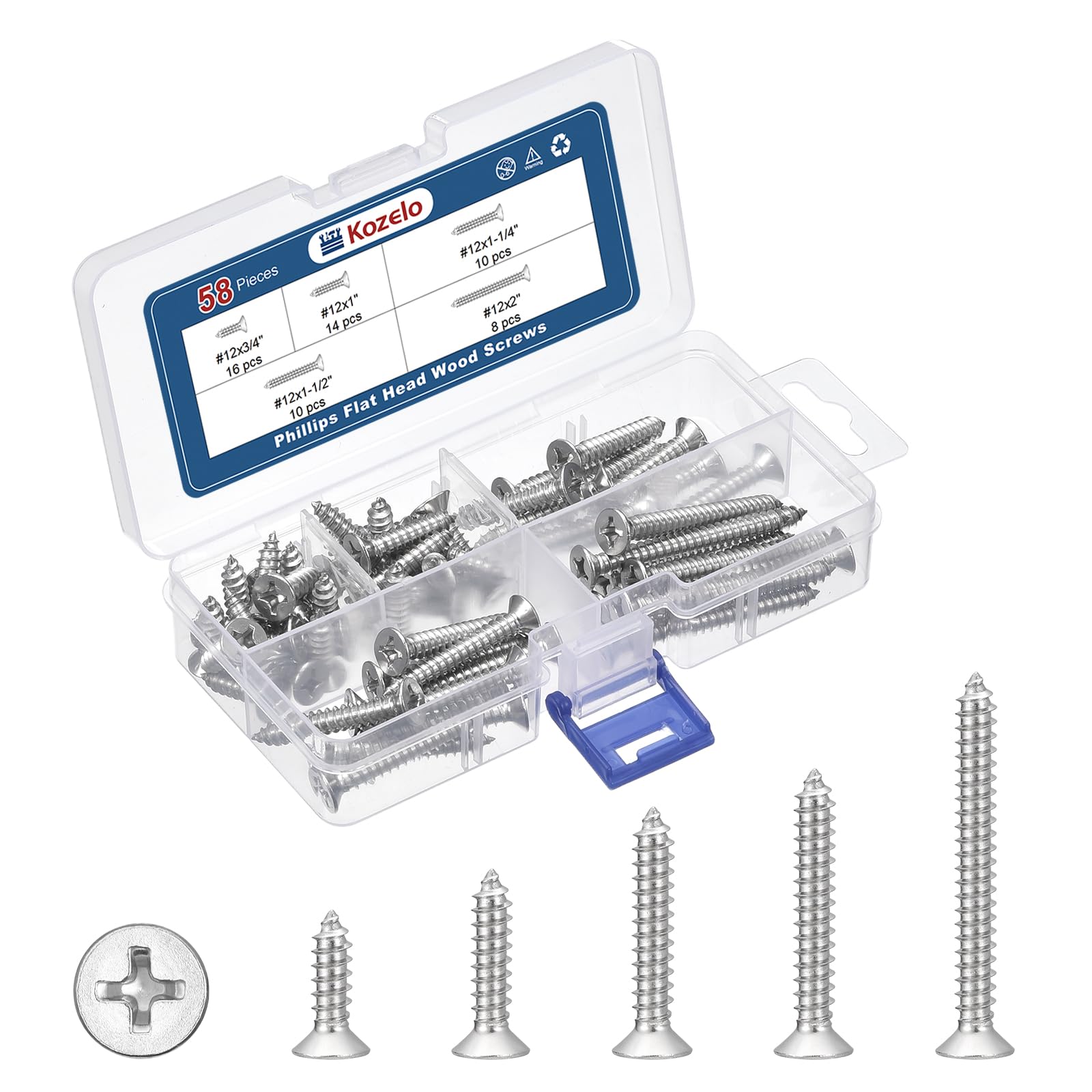 Kozelo 58Pcs Phillips Flat Head Wood Screws Assortment Kit - [#12x3/4" to 2"] 304 Stainless Steel Countersunk Self Tapping Screws, Silver — image 1