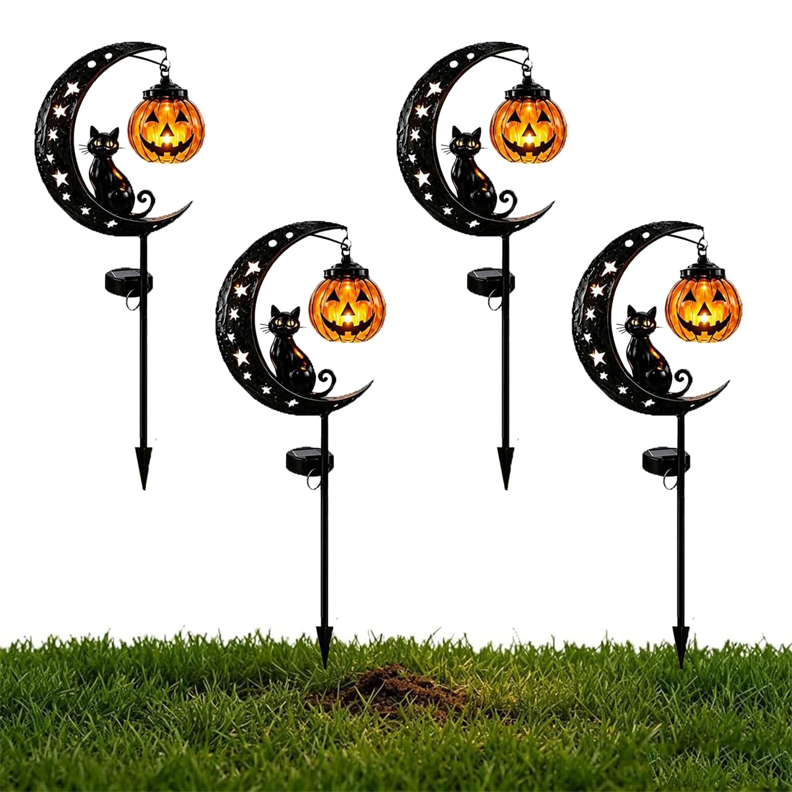 Pealeaf Solar Halloween Black Cat & Pumpkin Moon Garden Stake Light, Outdoor Waterproof LED Yard Decoration with Crescent Moon, Hanging Jack-o'-Lantern Lantern for Garden, Patio, Walkway, Porch (B4)