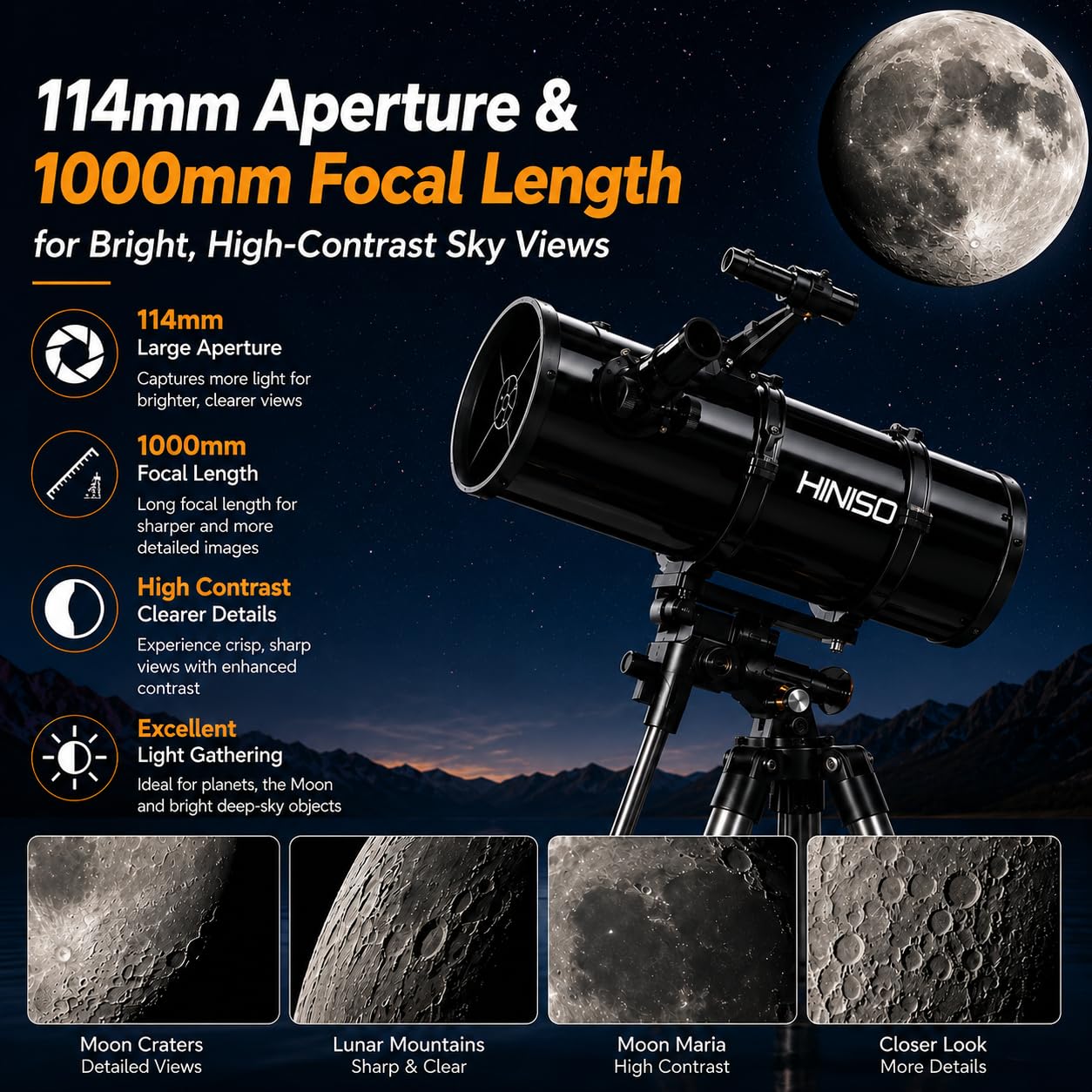 HINISO 114AZ Astronomical Telescope for Adults, Beginners & Students 114mm Reflector 1000mm Focal Length 40x–200x Magnification P.L. Series Eyepiece Bluetooth Remote, Phone Adapter & Tripod Included — Amazon image 2